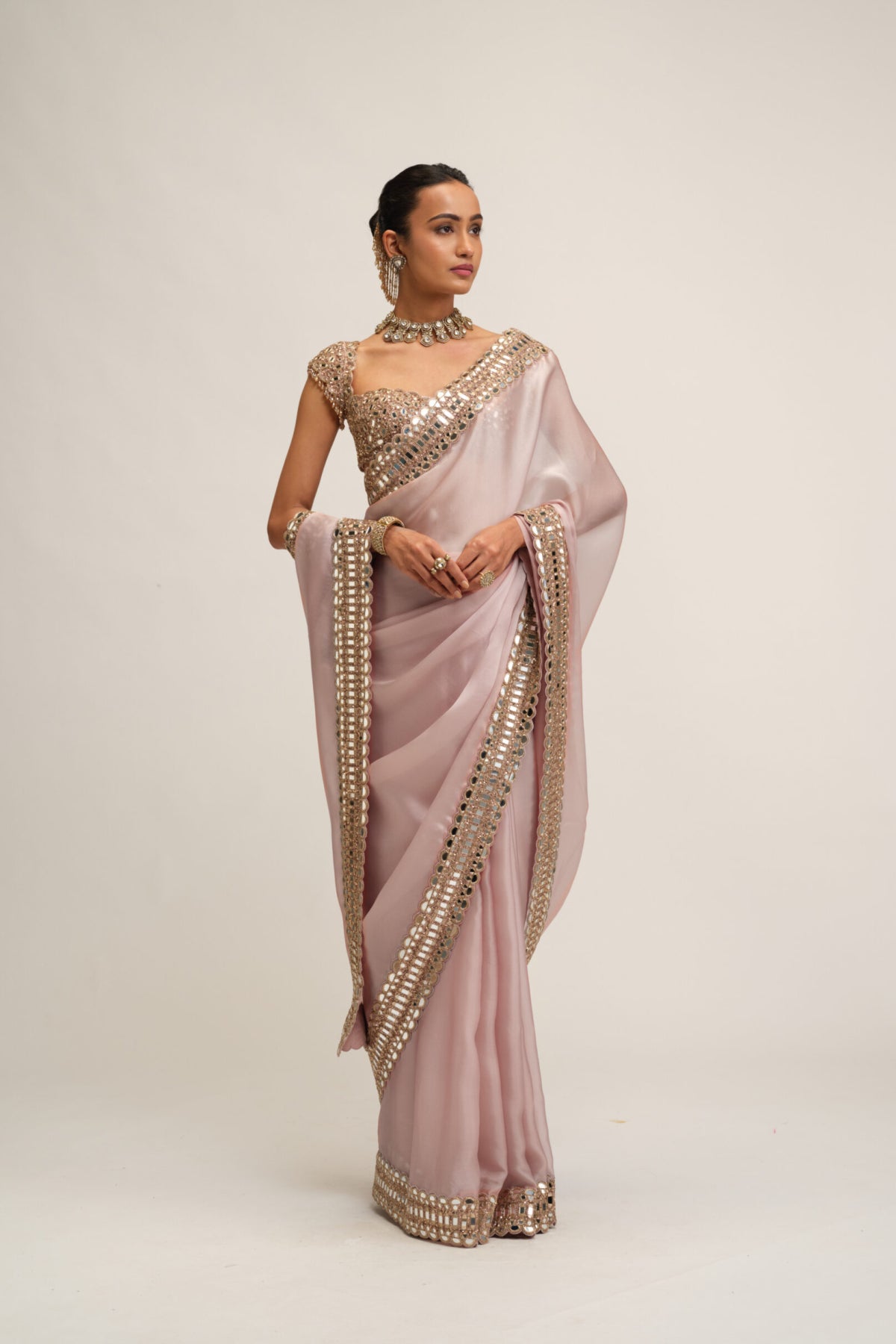 Ash Pink Satin Organza Saree Set