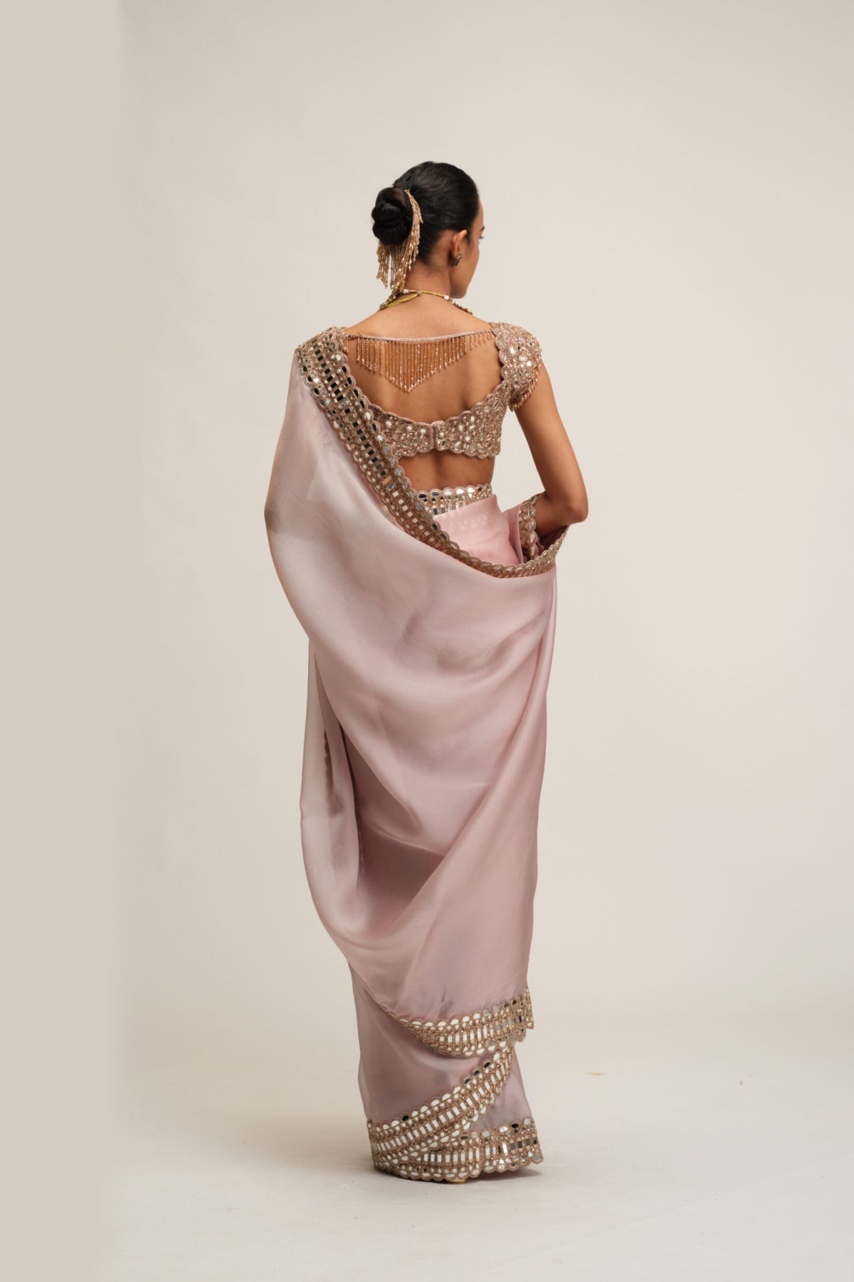 Ash Pink Satin Organza Saree Set