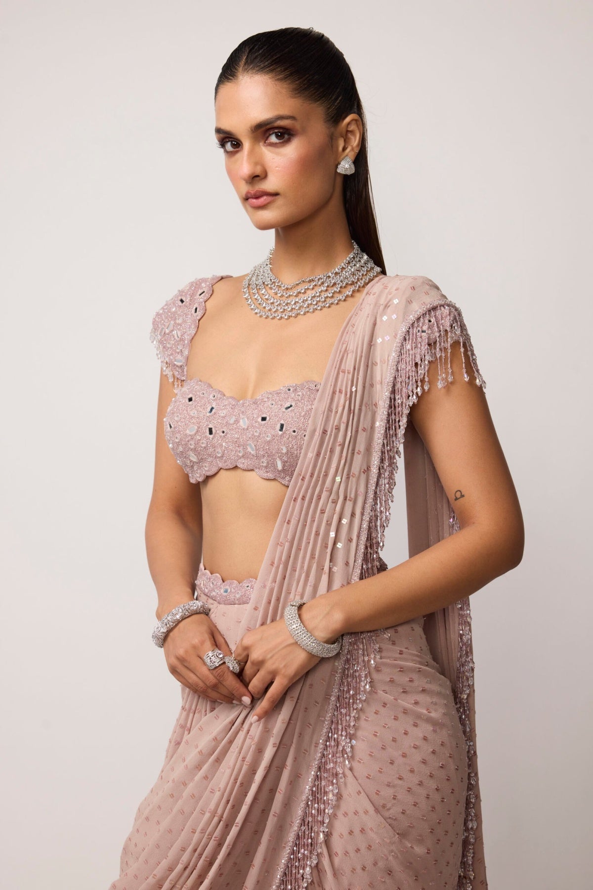 Ash Pink Sequins Embroidered Draped Saree Set