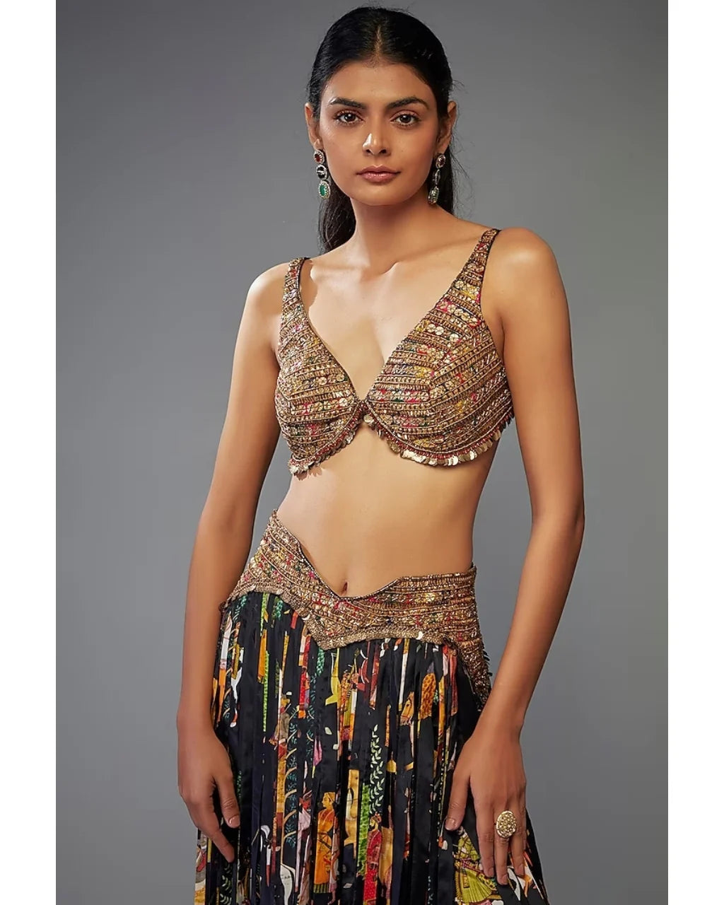 Black Crepe Printed Fringe Skirt Set