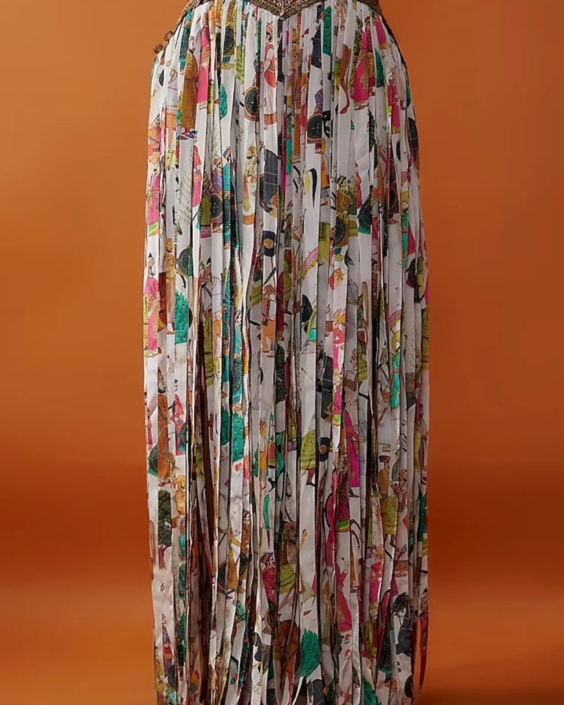 Ivory Crepe Printed Fringe Skirt Set