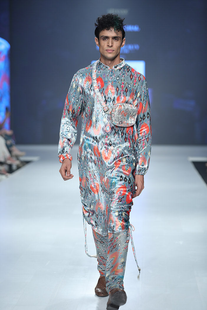 AZIZ BLUE PRINTED VELVET KURTA AND SILKMUL CHURIDAR
