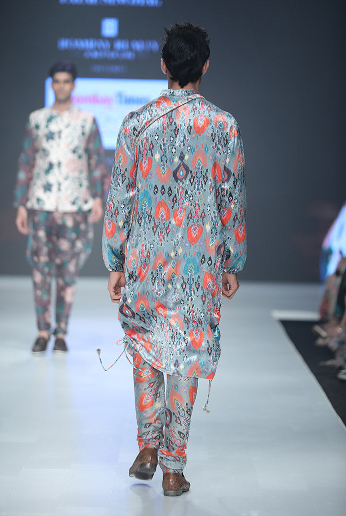 AZIZ BLUE PRINTED VELVET KURTA AND SILKMUL CHURIDAR