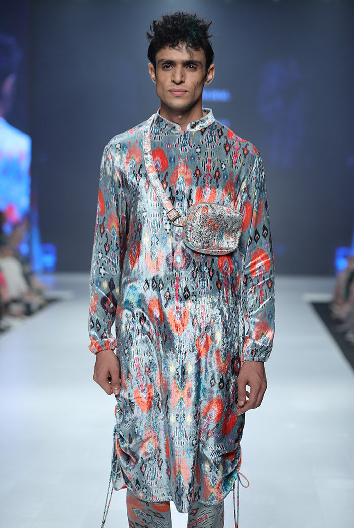 AZIZ BLUE PRINTED VELVET KURTA AND SILKMUL CHURIDAR