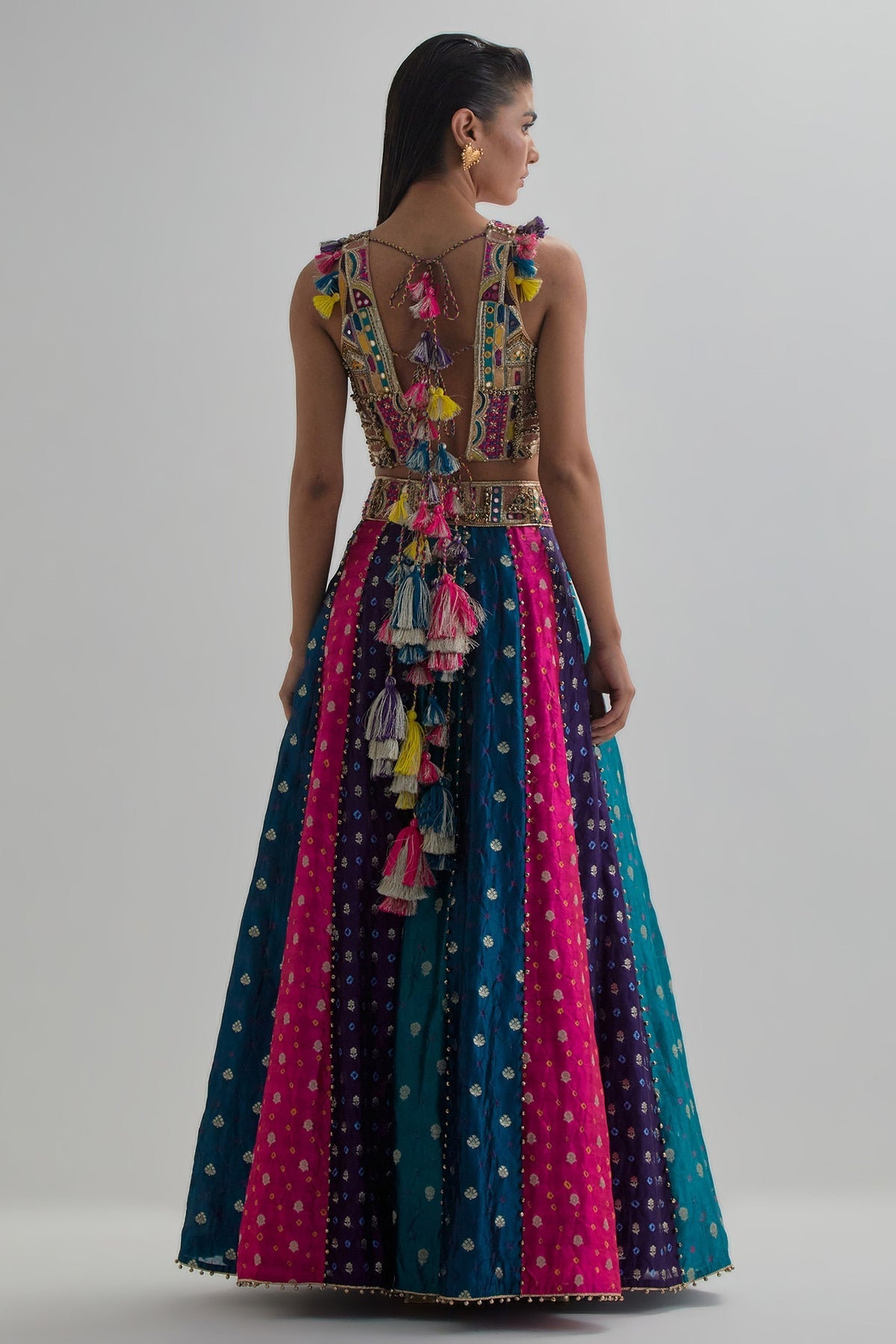 Resa Gold Tissue Embroidered Choli And Multi Colour Bandhani Lehengha