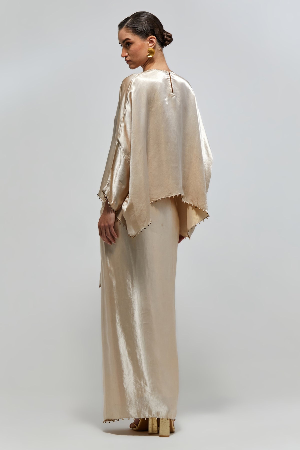 Risa Champagne Satin Embroidered Yoke Top And Lungi Skirt