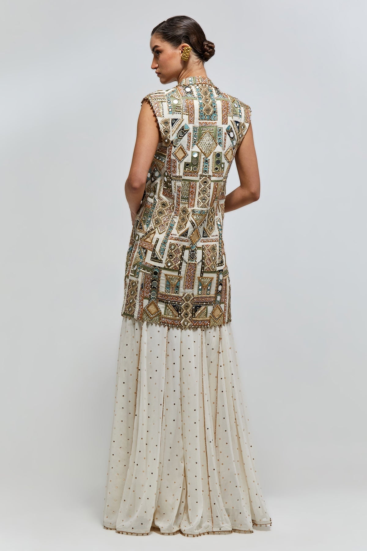 Asaar Off-White Georgette Embroidered Jacket With Mukaish Georgette Camisole And Sharara