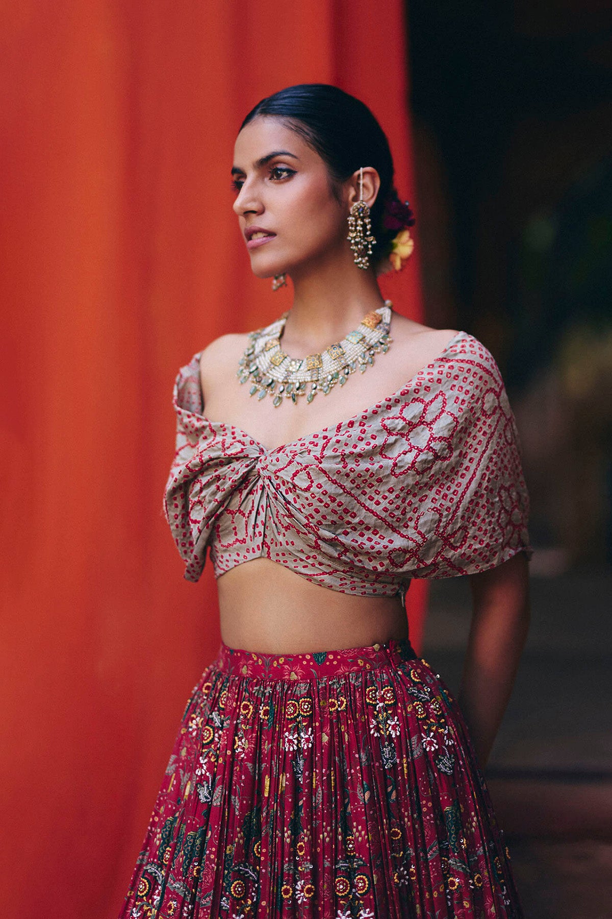 Bandhani off shoulder lehenga