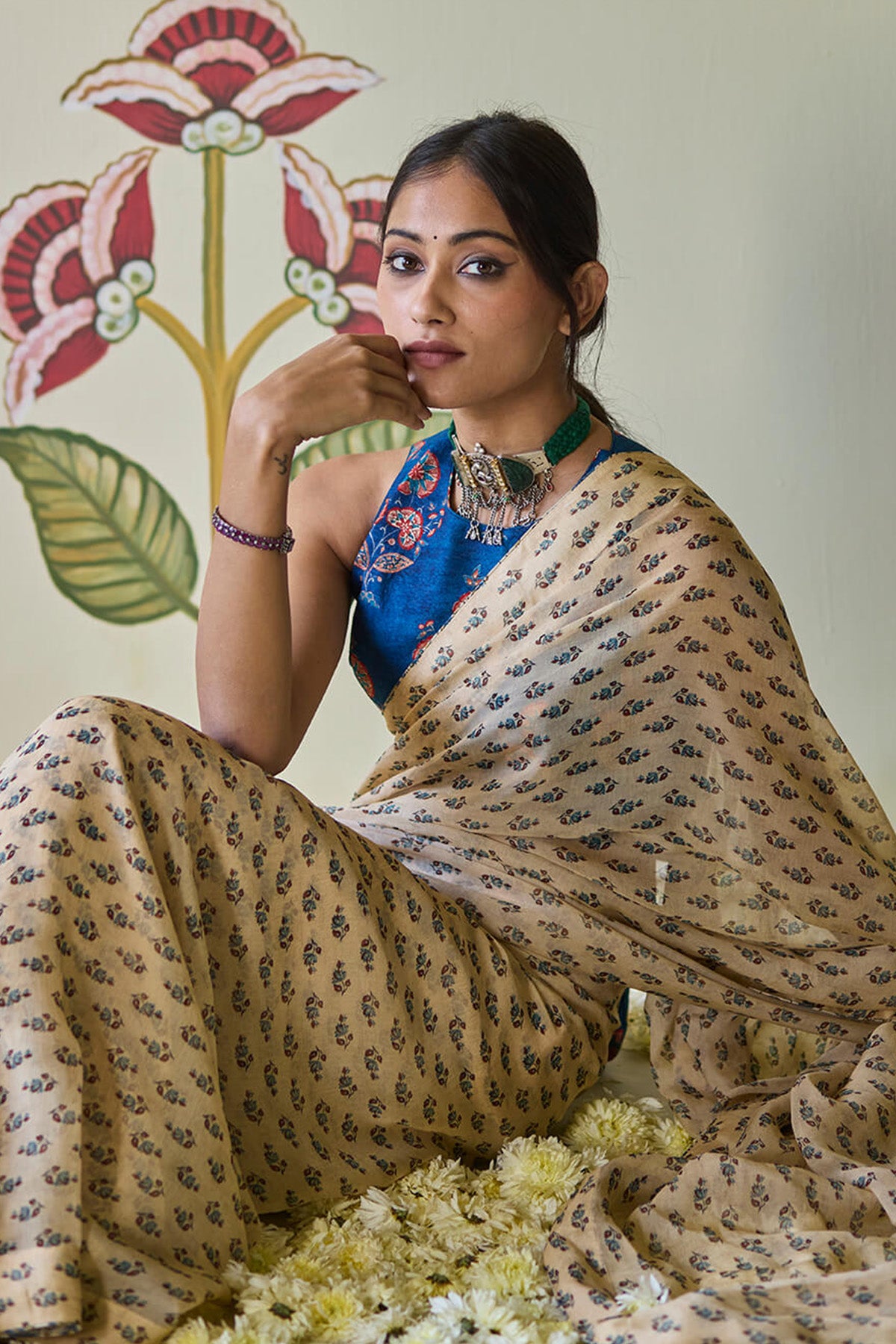 Beige & Blue Saree