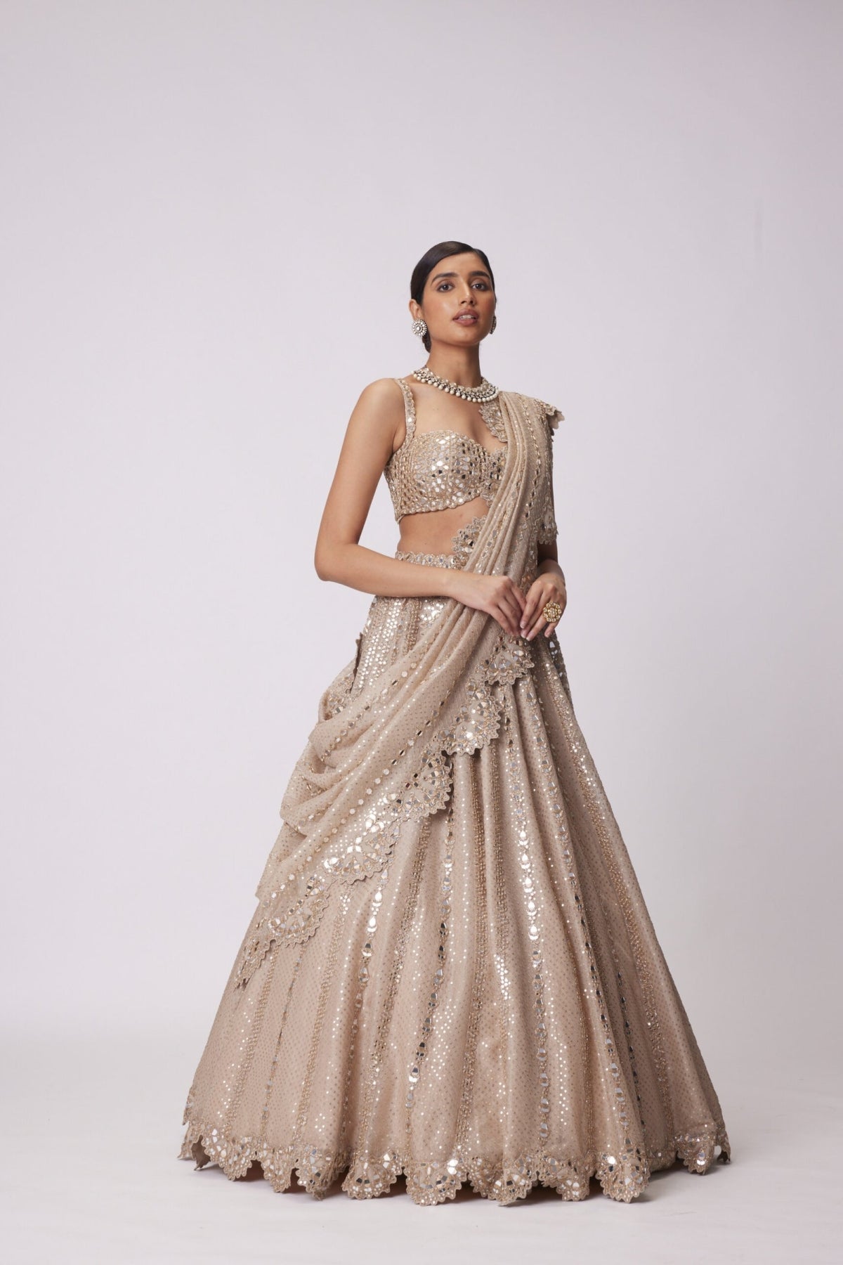 Light Beige Sequin Embroidered Lehenga Set- Ready to ship