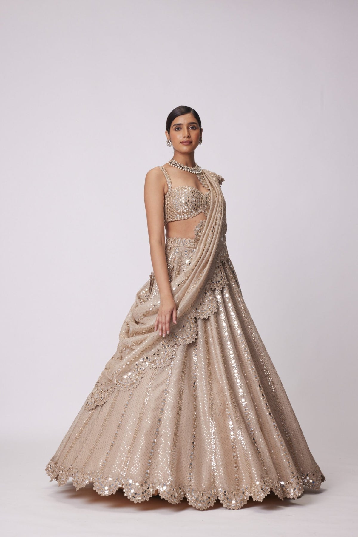 Light Beige Sequin Embroidered Lehenga Set- Ready to ship