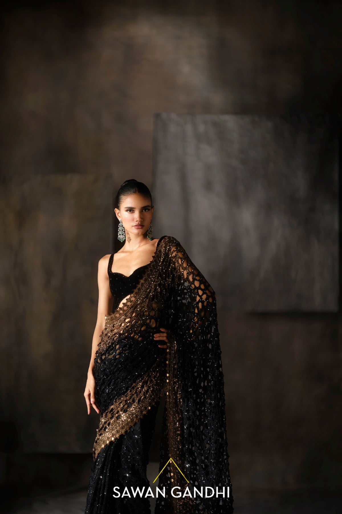 Black and gold OmbrÃƒÂ© cutwork saree