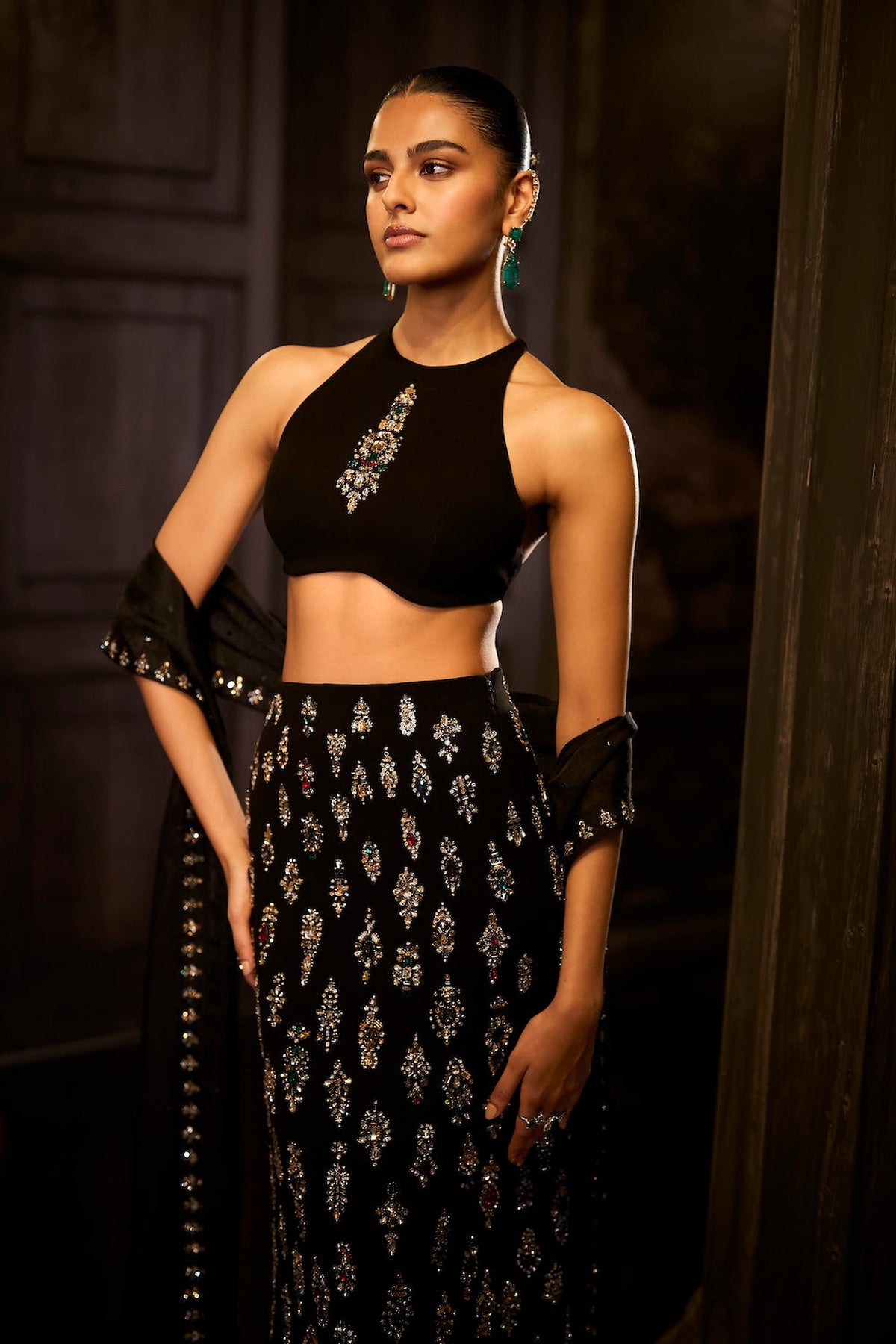 Black Crystal Skirt Set