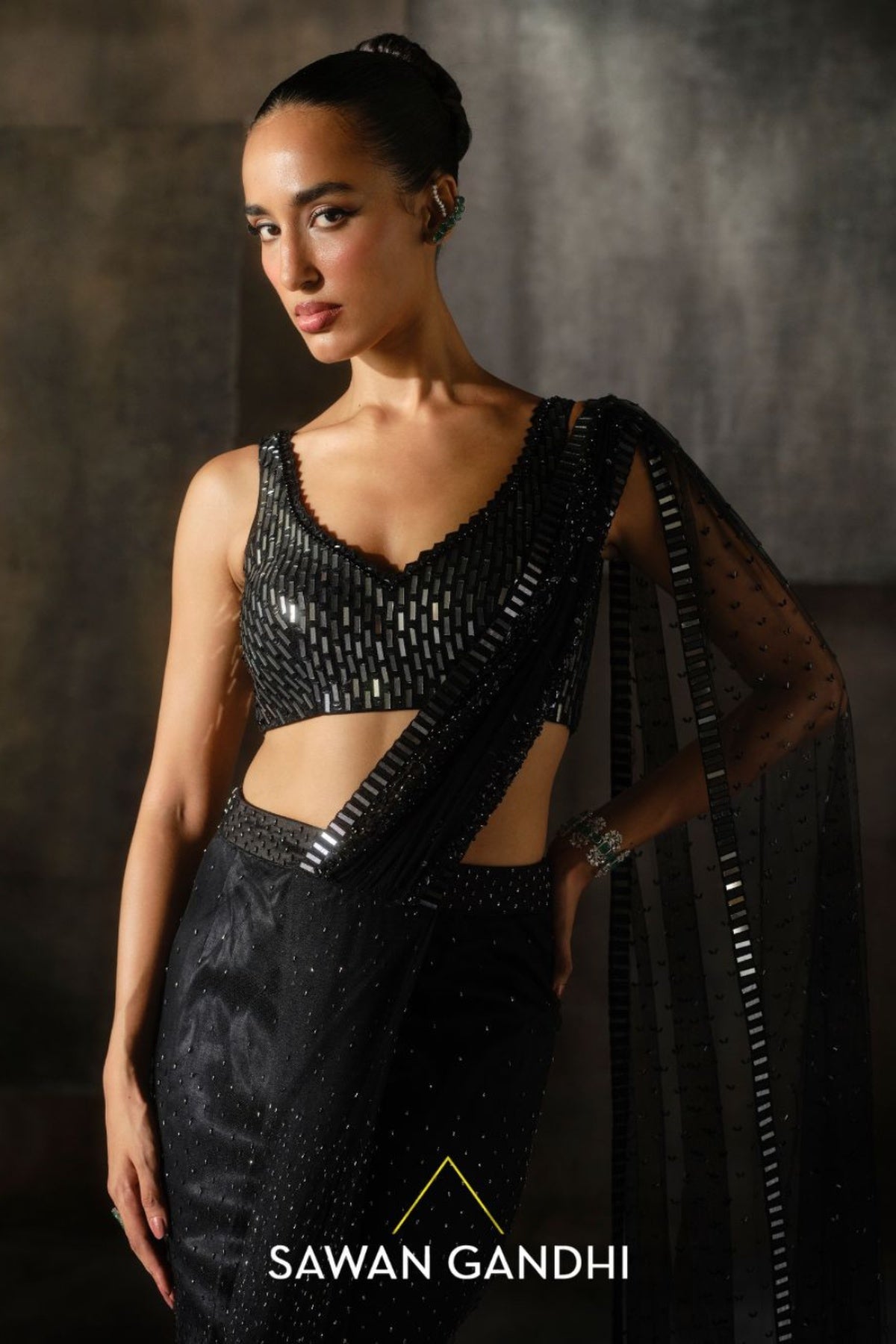 Black ombrÃƒÂ© drape saree