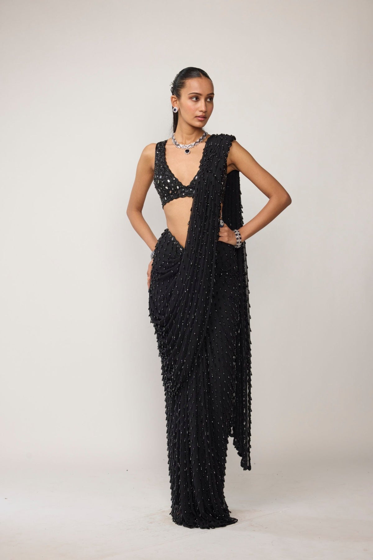 Black Single Drop V Neck Saree Set