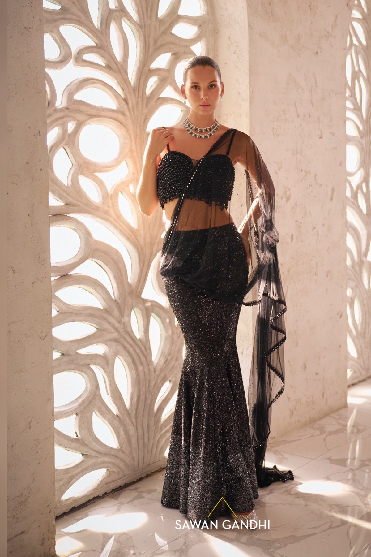 Black to grey sequins drape saree