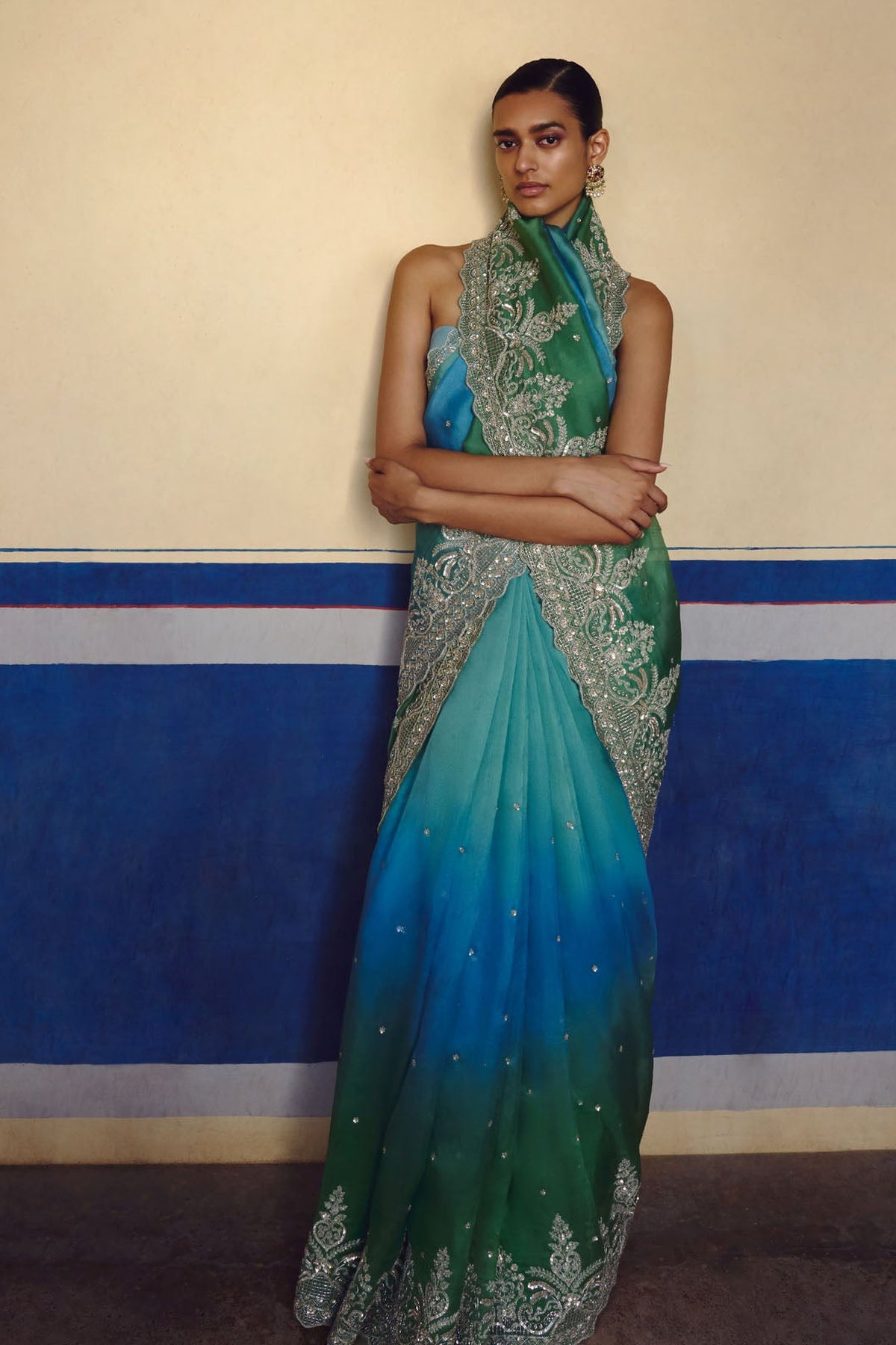 Blue Green Ombre Shar Saree Set