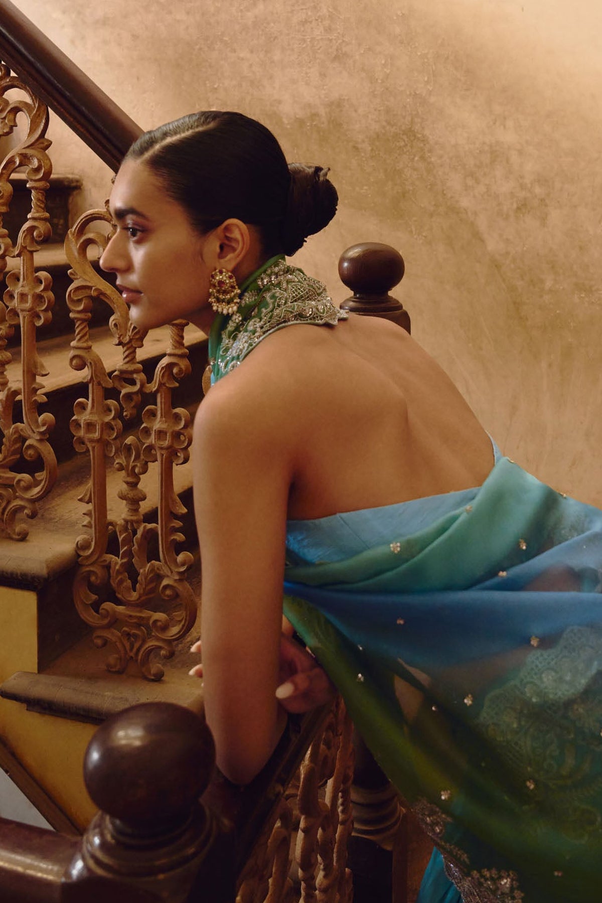 Blue Green Ombre Shar Saree Set