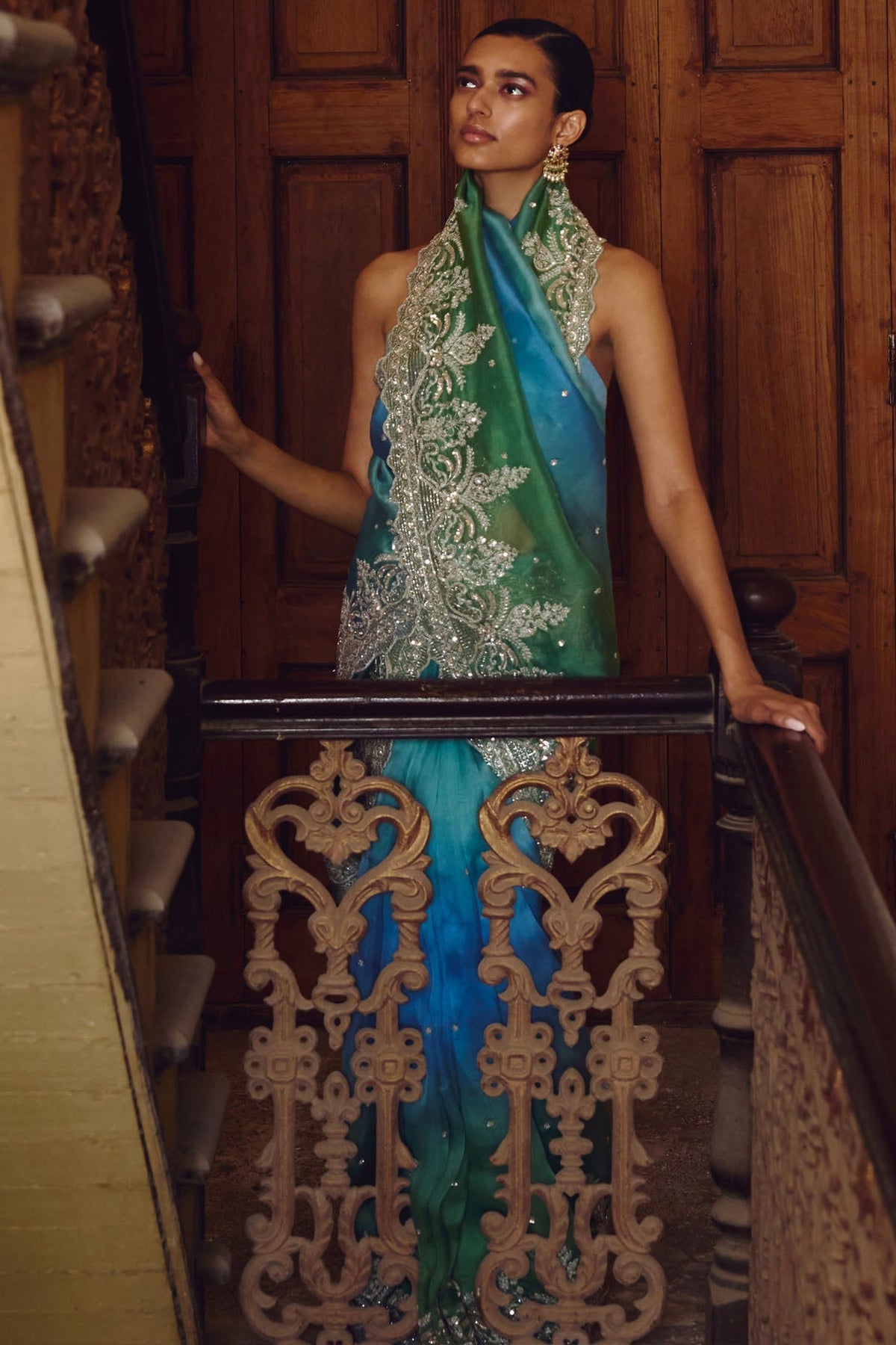 Blue Green Ombre Shar Saree Set