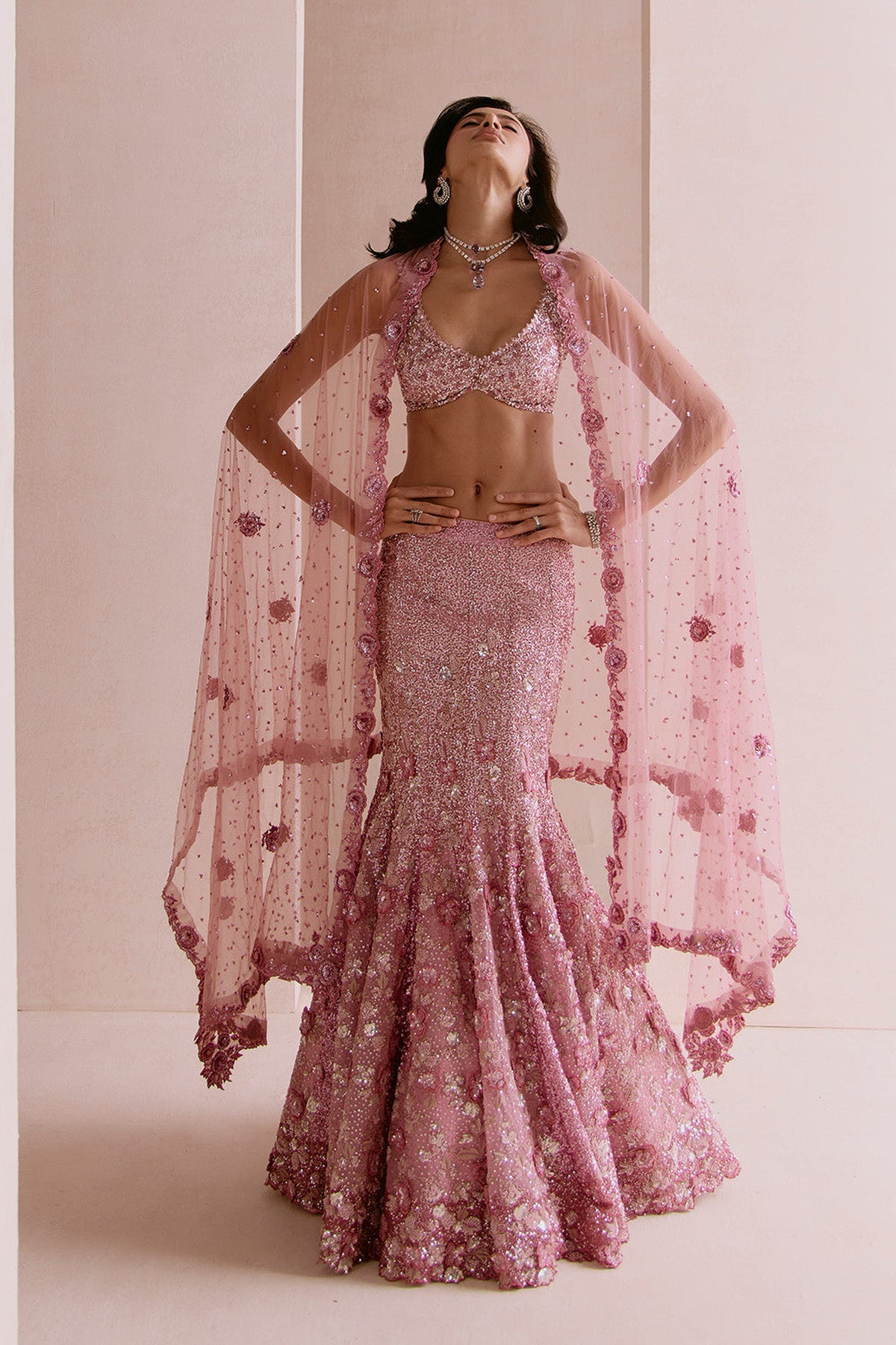 Blush Pink Applique Fishcut Lehenga Set