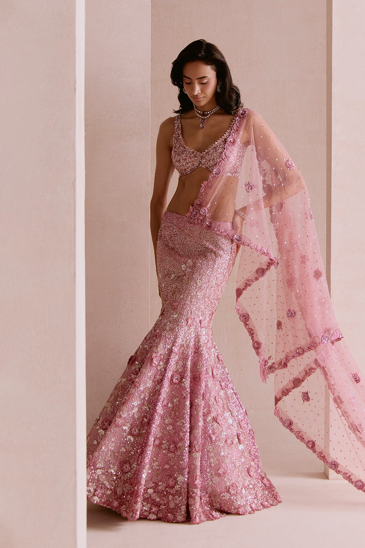 Blush Pink Applique Fishcut Lehenga Set