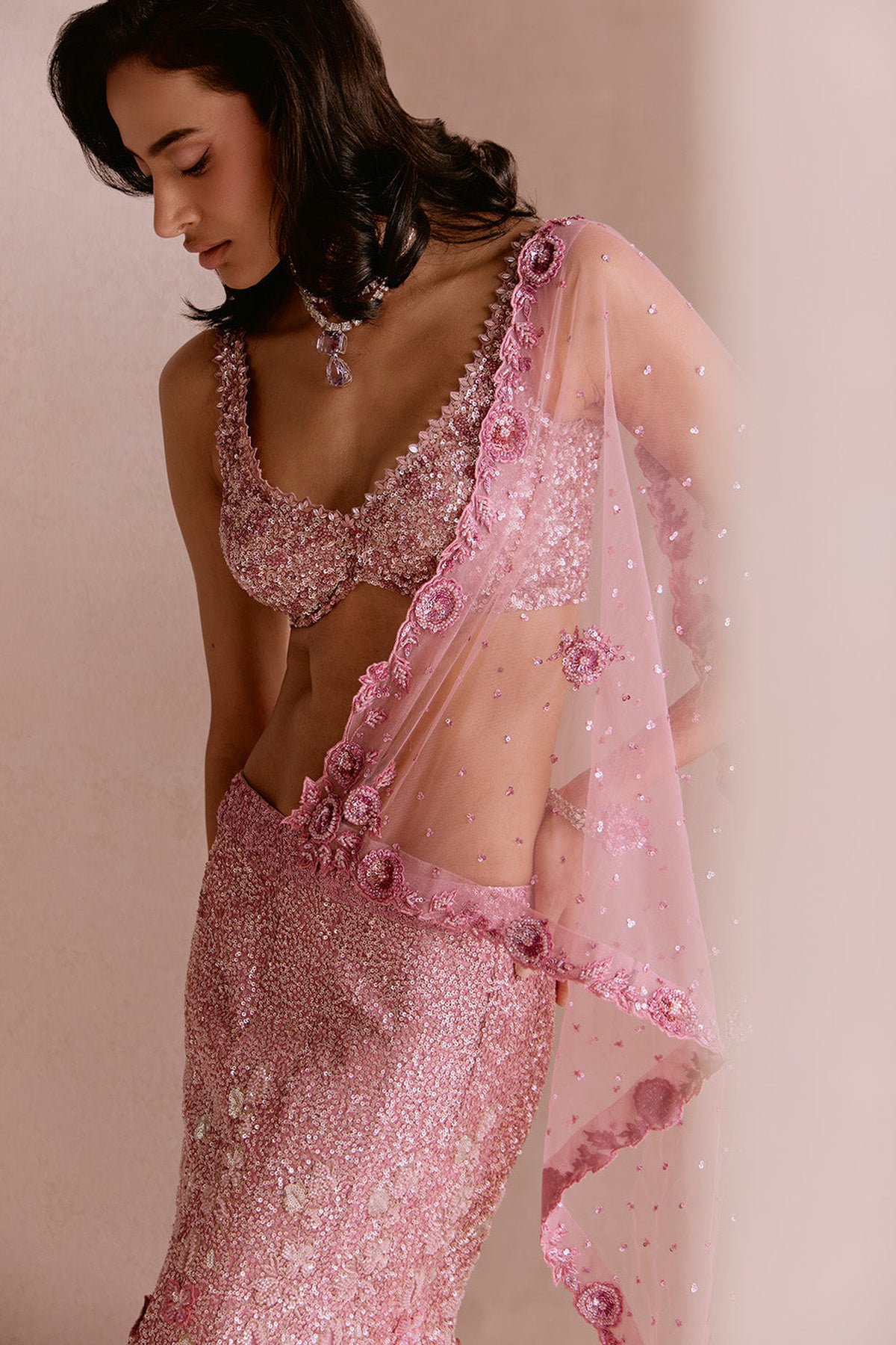 Blush Pink Applique Fishcut Lehenga Set