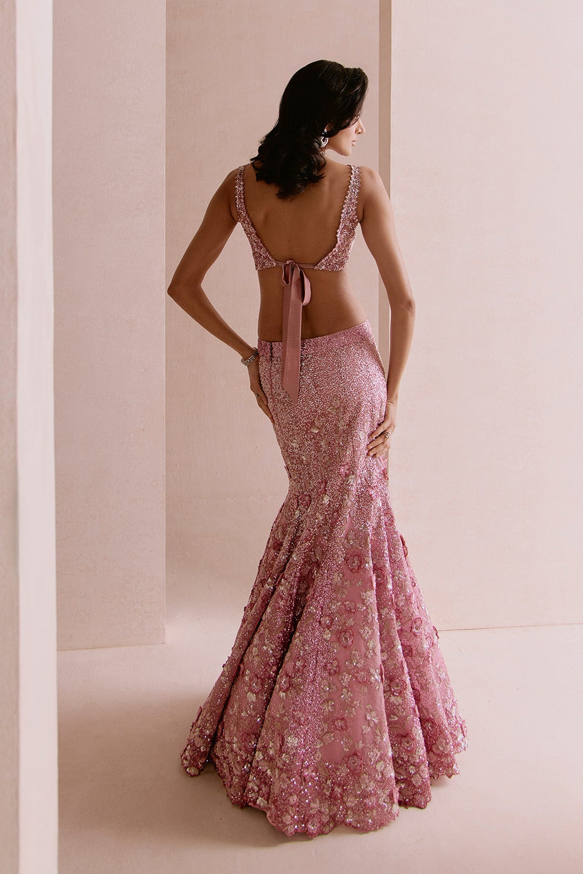 Blush Pink Applique Fishcut Lehenga Set