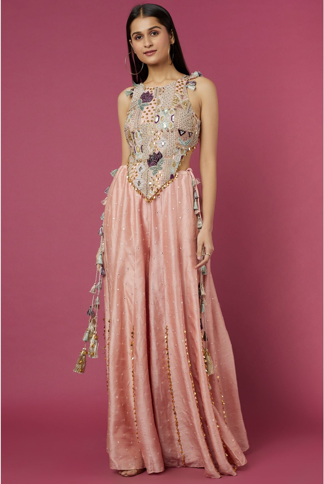 BLUSH PINK GEORGETTE EMBROIDERED CHOLI WITH ABLA SILK SHARARA