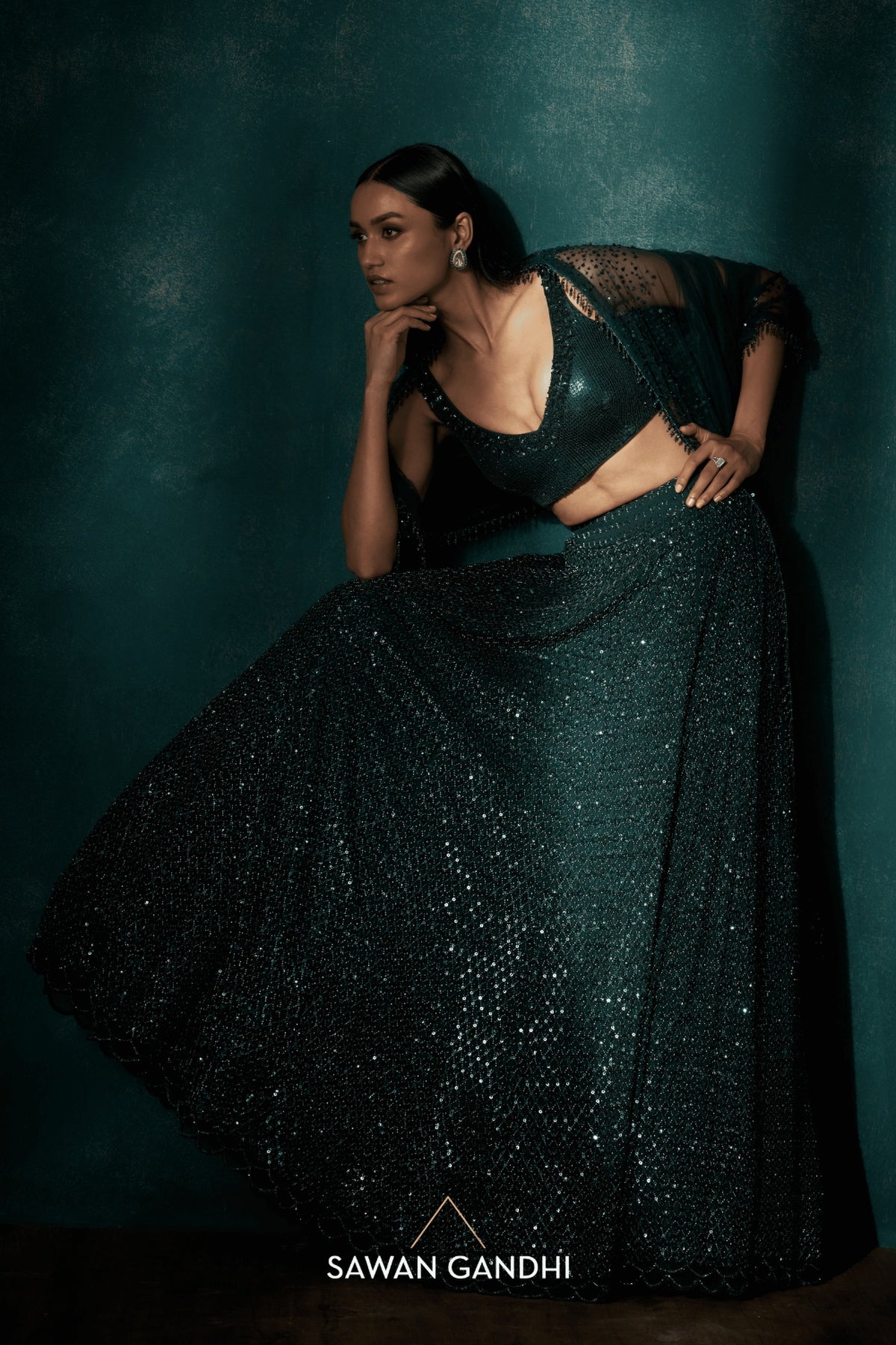 Bottle green cutdana sequins lehenga