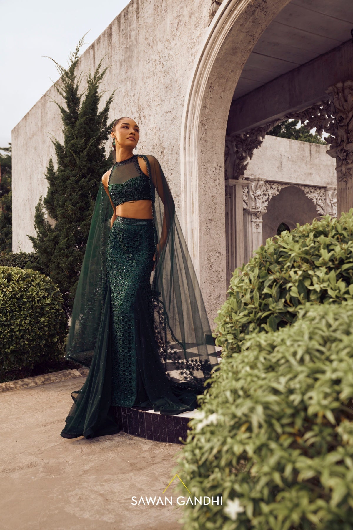 Bottle green Fishcut cutwork lehenga