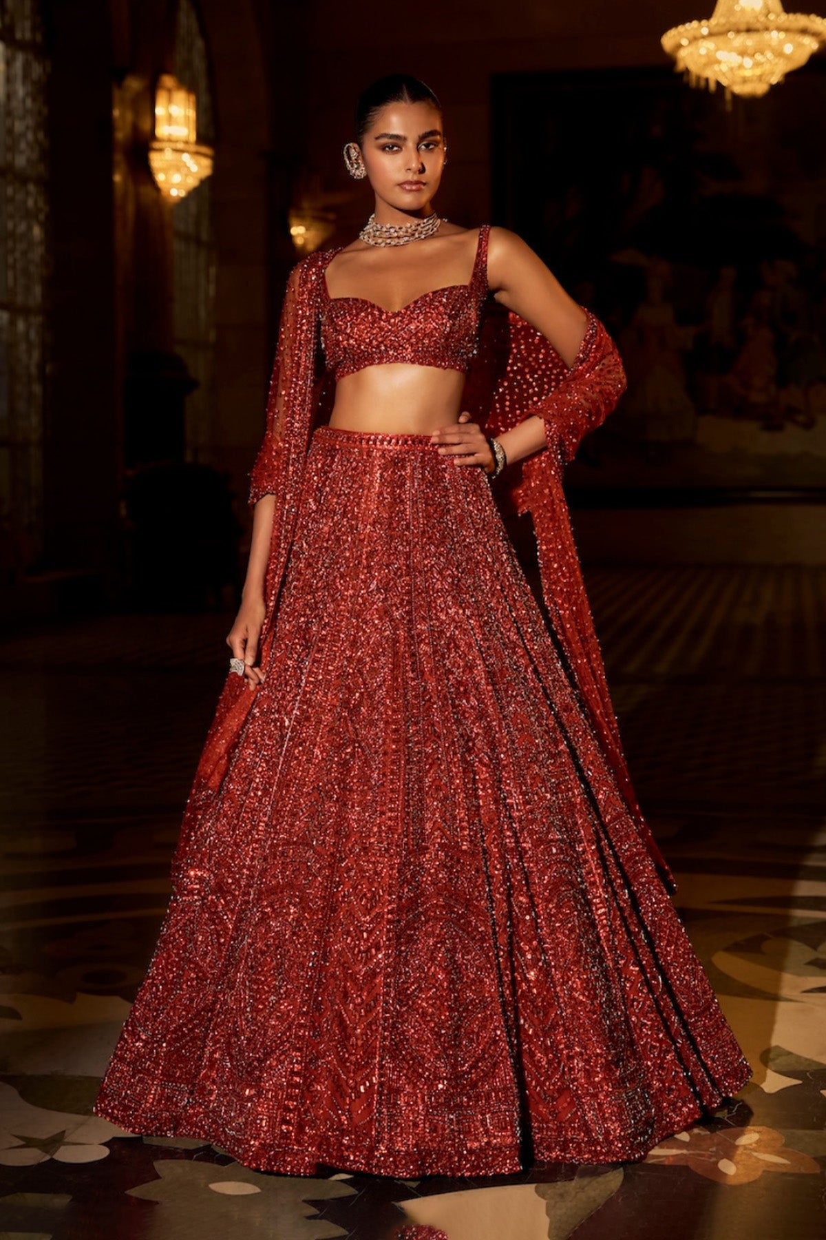 Brick Red Crystal Lehenga Set