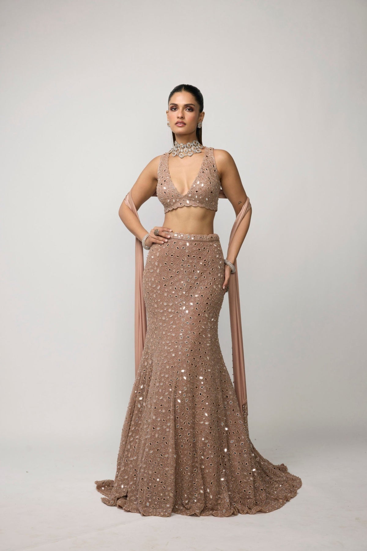 Bronze Rose Fishcut Lehenga Set