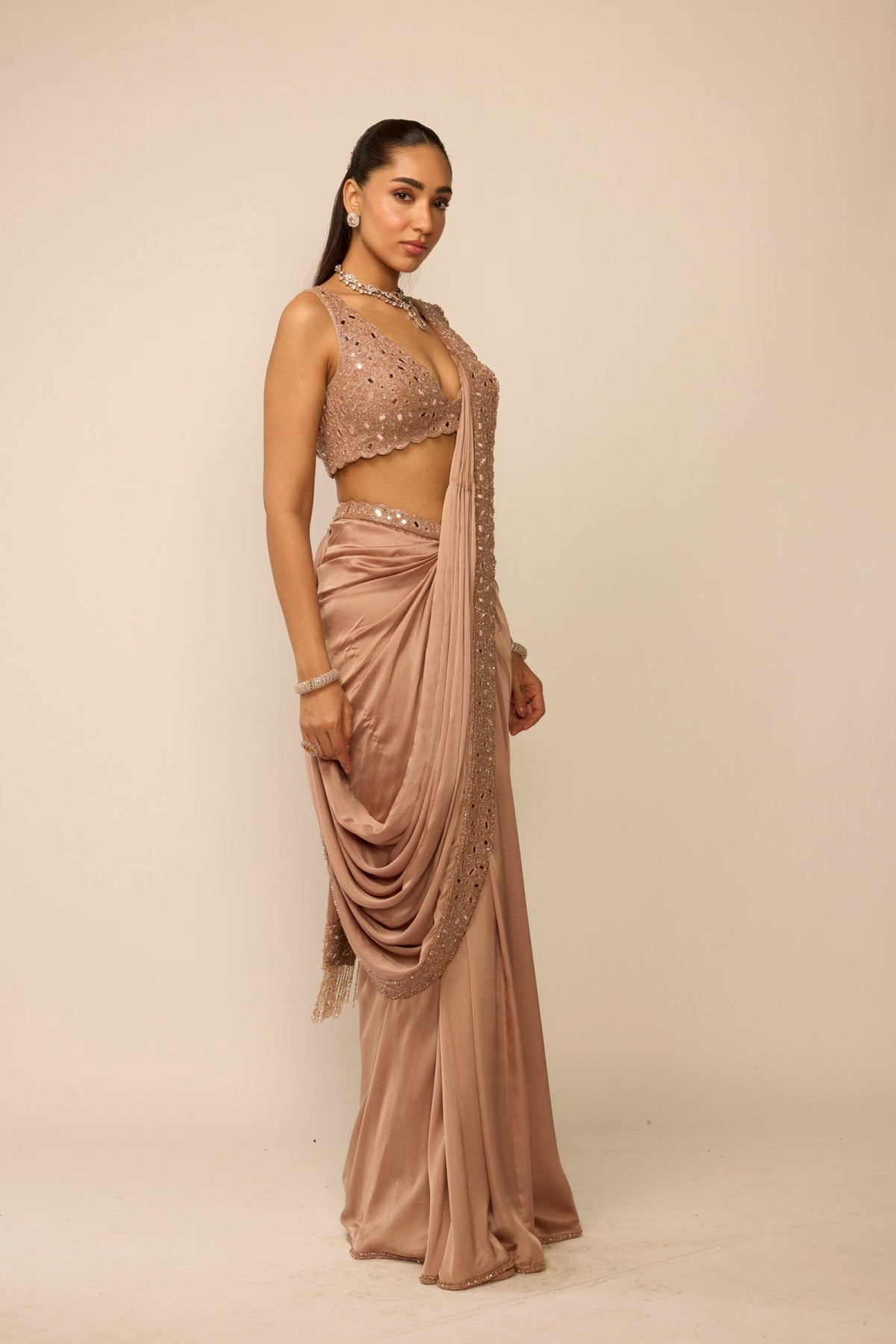 Bronze Rose Satin Draped Saree Set