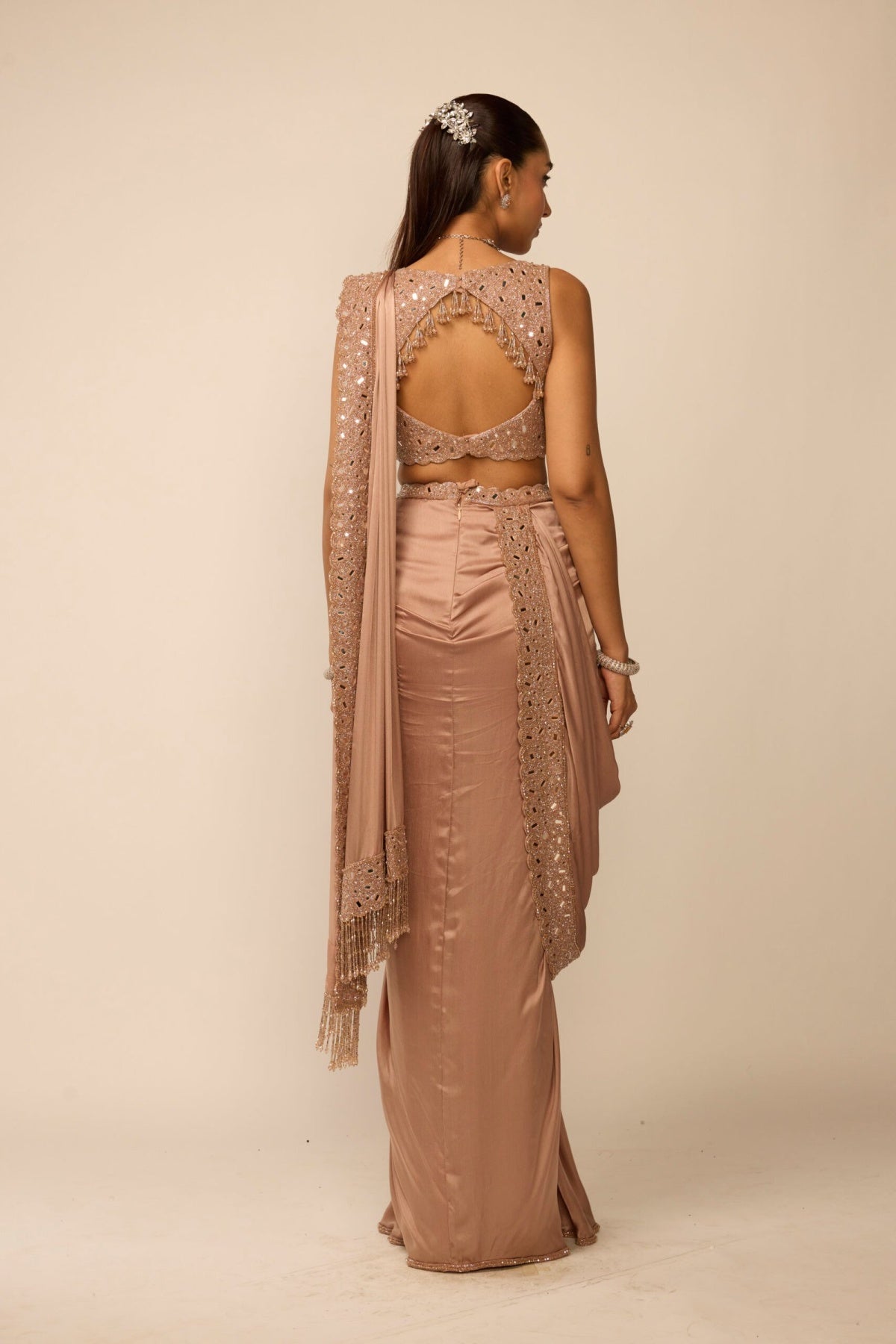 Bronze Rose Satin Draped Saree Set