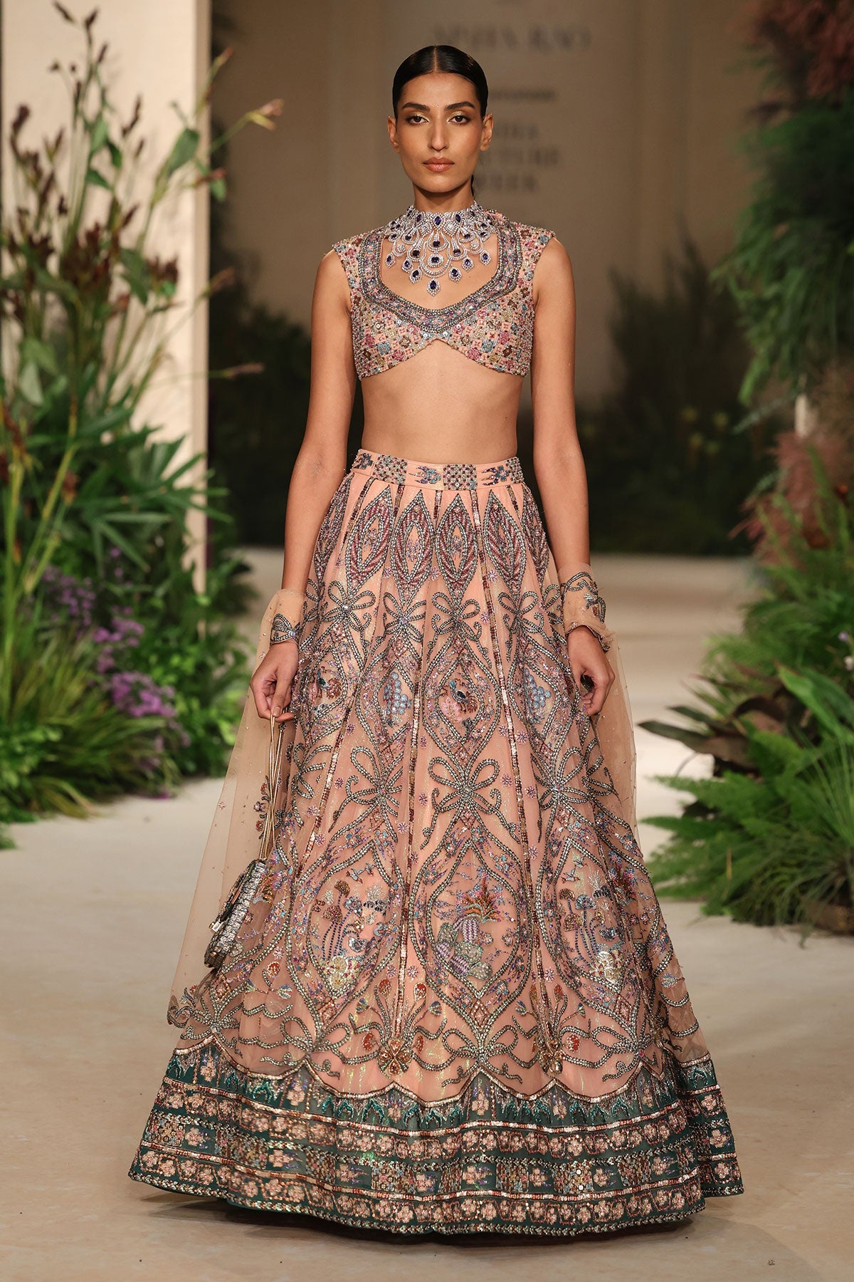 Bloomrush - cantaloupe teal tulle Lehenga