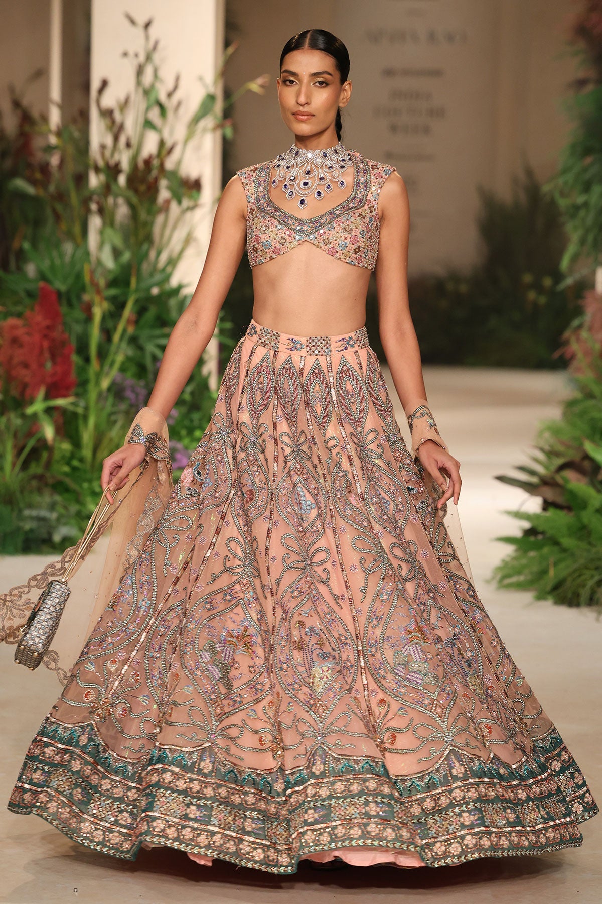 Bloomrush - cantaloupe teal tulle Lehenga