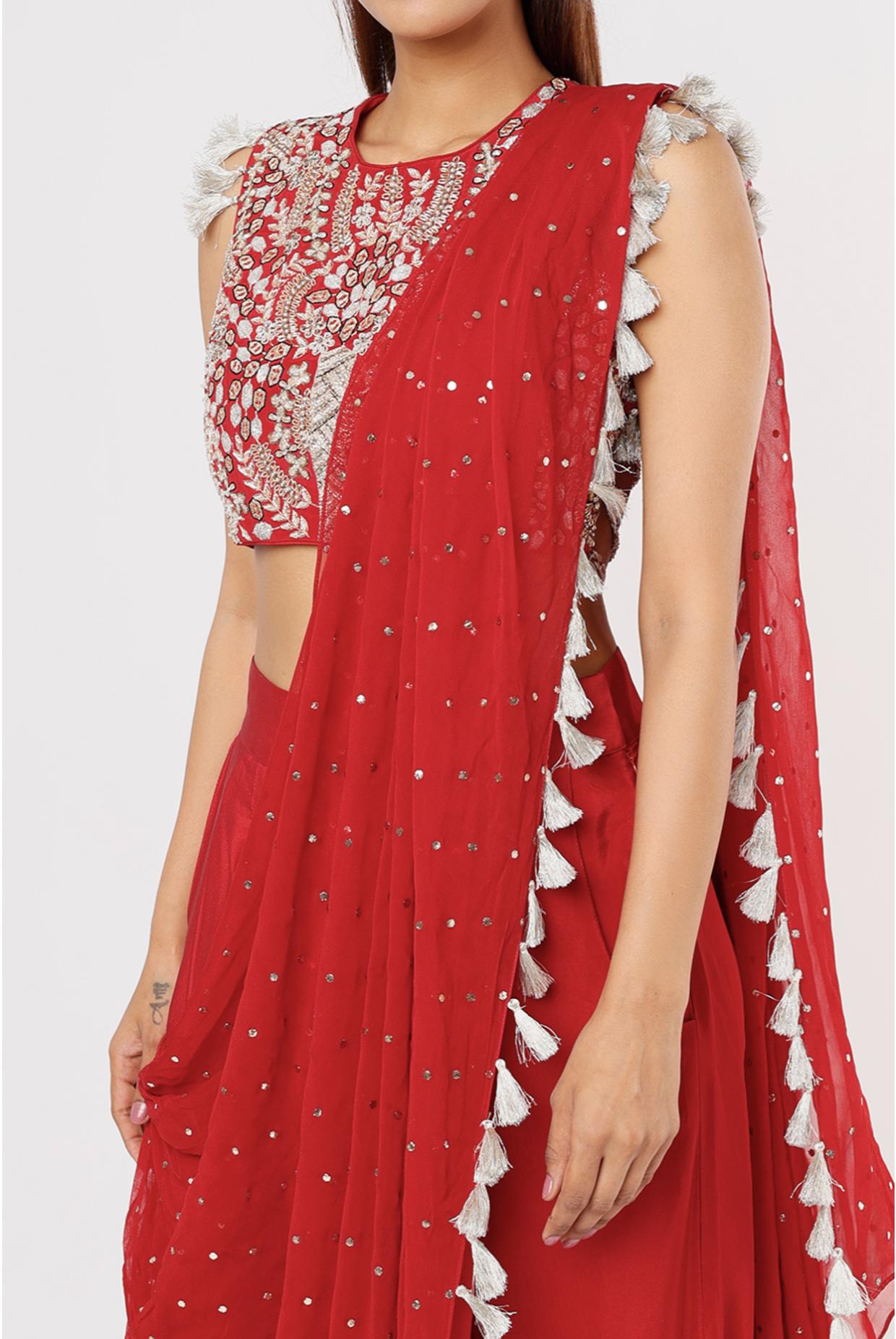 Cherry Red Embroidered Back Tie Up Choli & Low Crotch Pant With Attached Drape