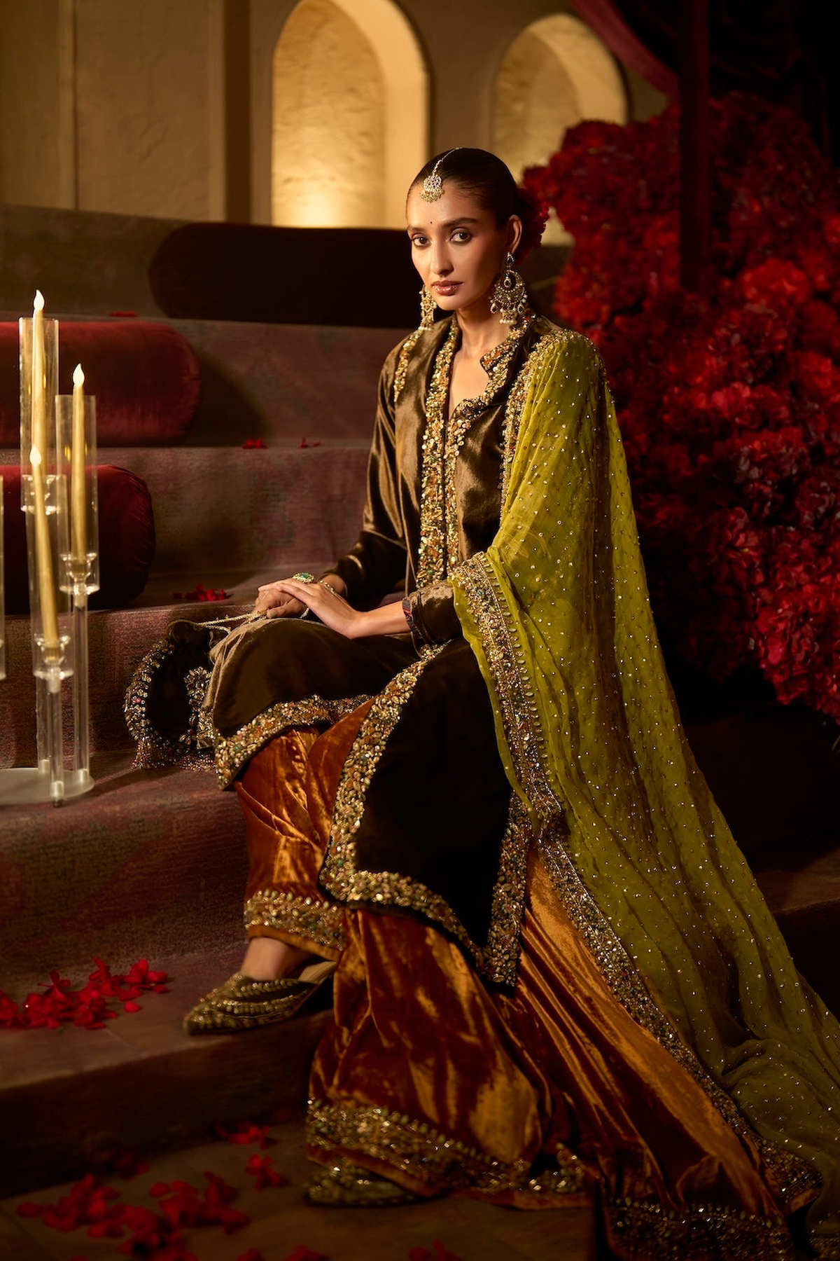 Chocolate brown Velvet Jacket Sharara Set