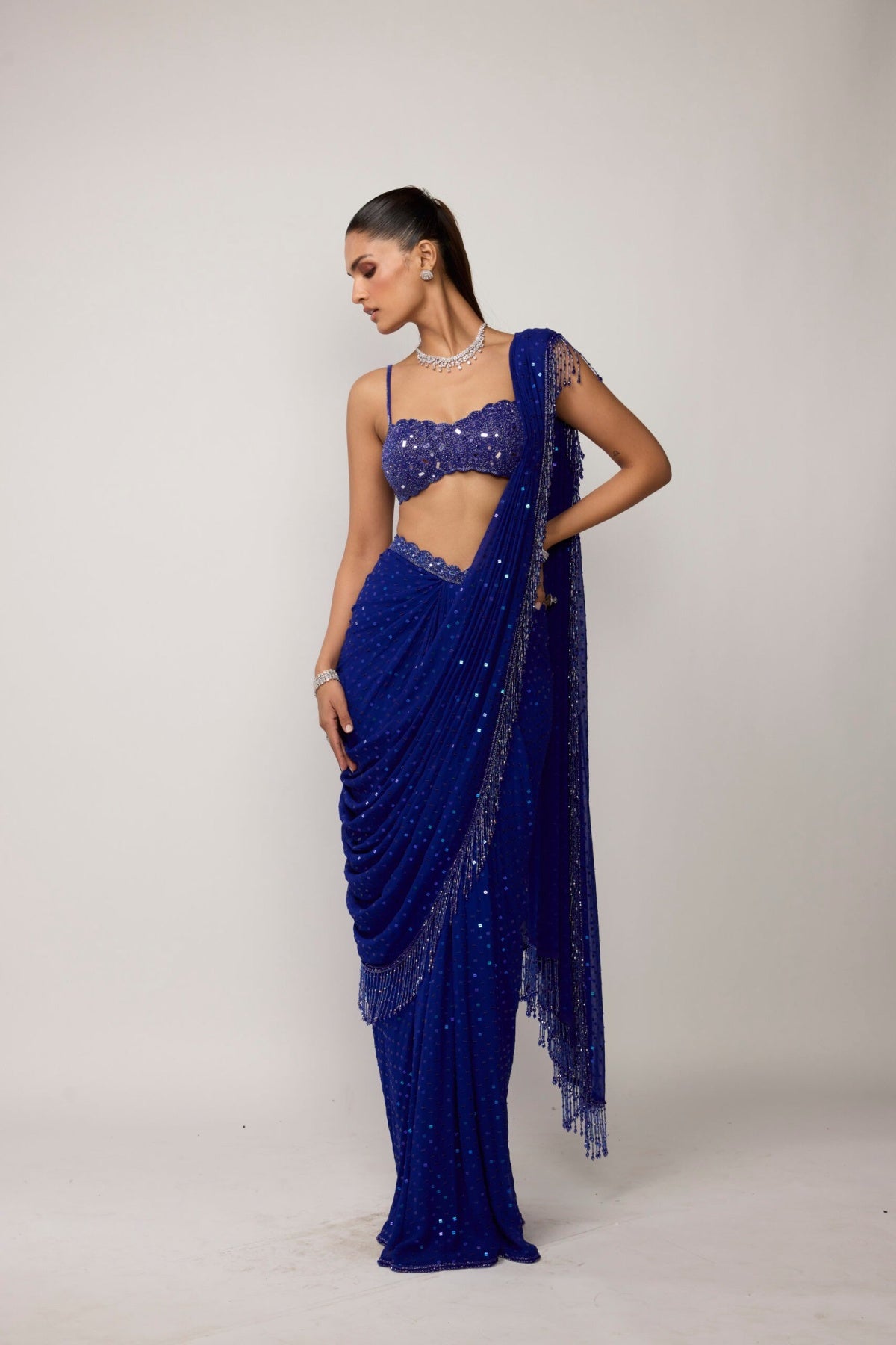 Cocktail Blue Sequins Embroidered Saree Set