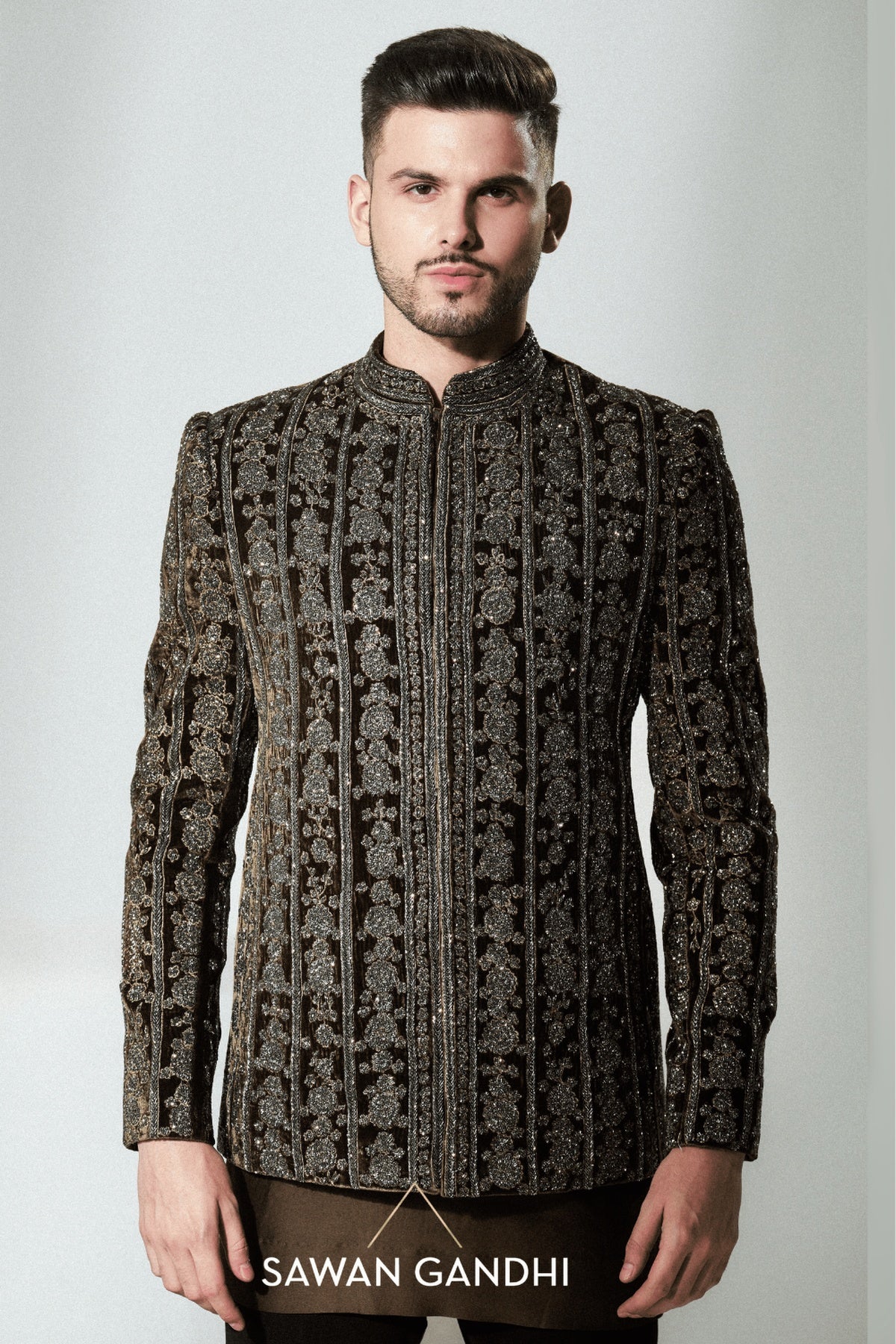 Coffee brown velvet bandhgala floral lines