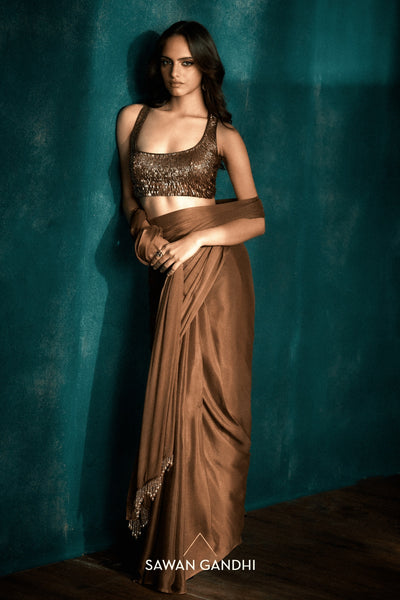 Coffee saree with tassels - Ready To Ship