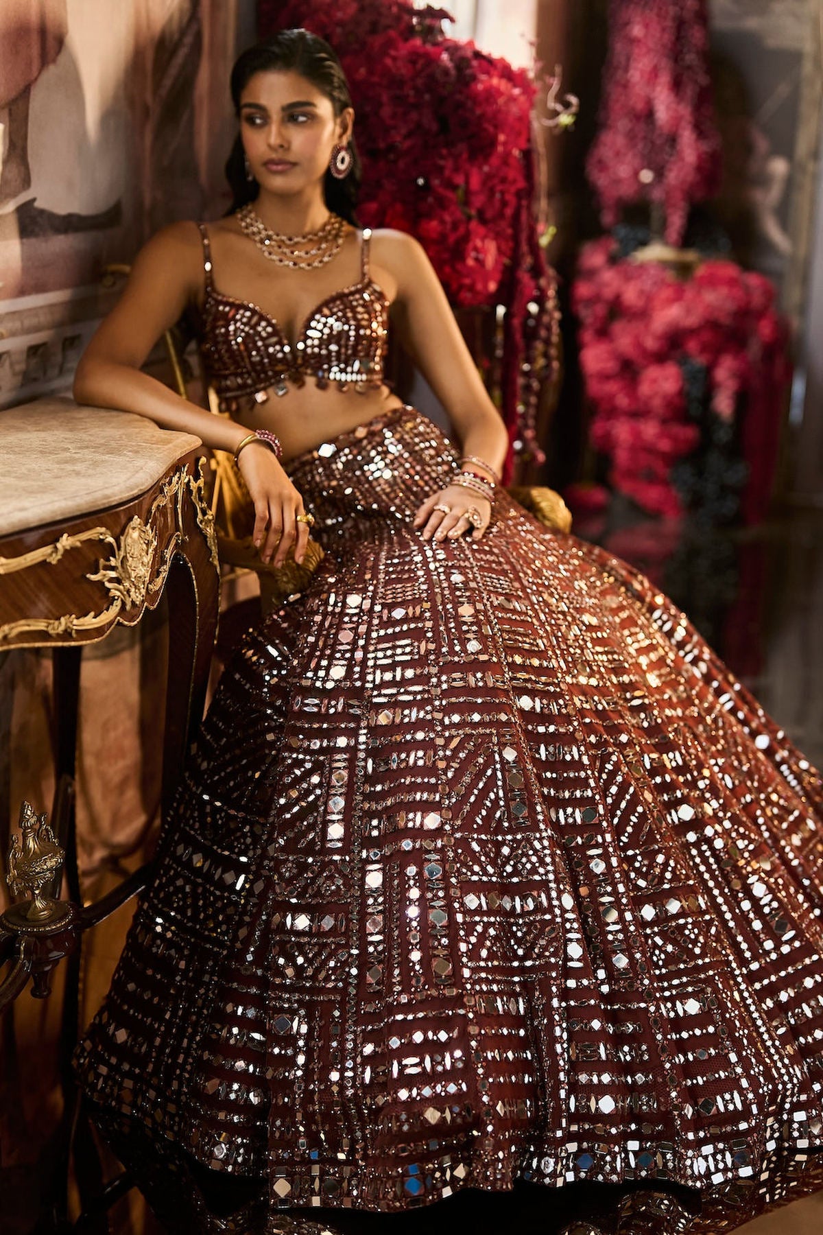 Copper Brown Mirror Work Lehenga Set