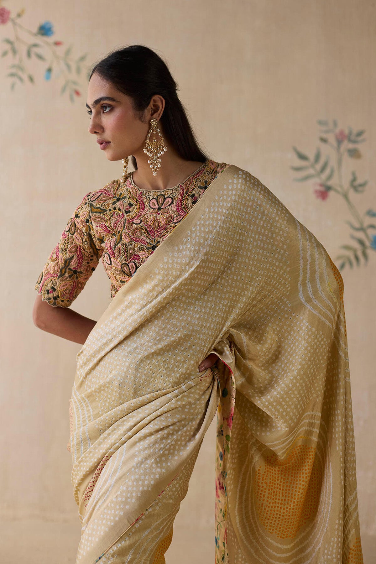 Cream Bandhani Saree