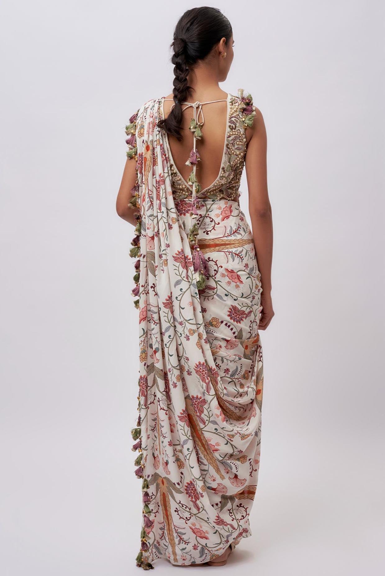 Cream Georgette Embroidered Choli With Cream Ochre Forest Whisper Print Crepe Pre-Stitched Saree.