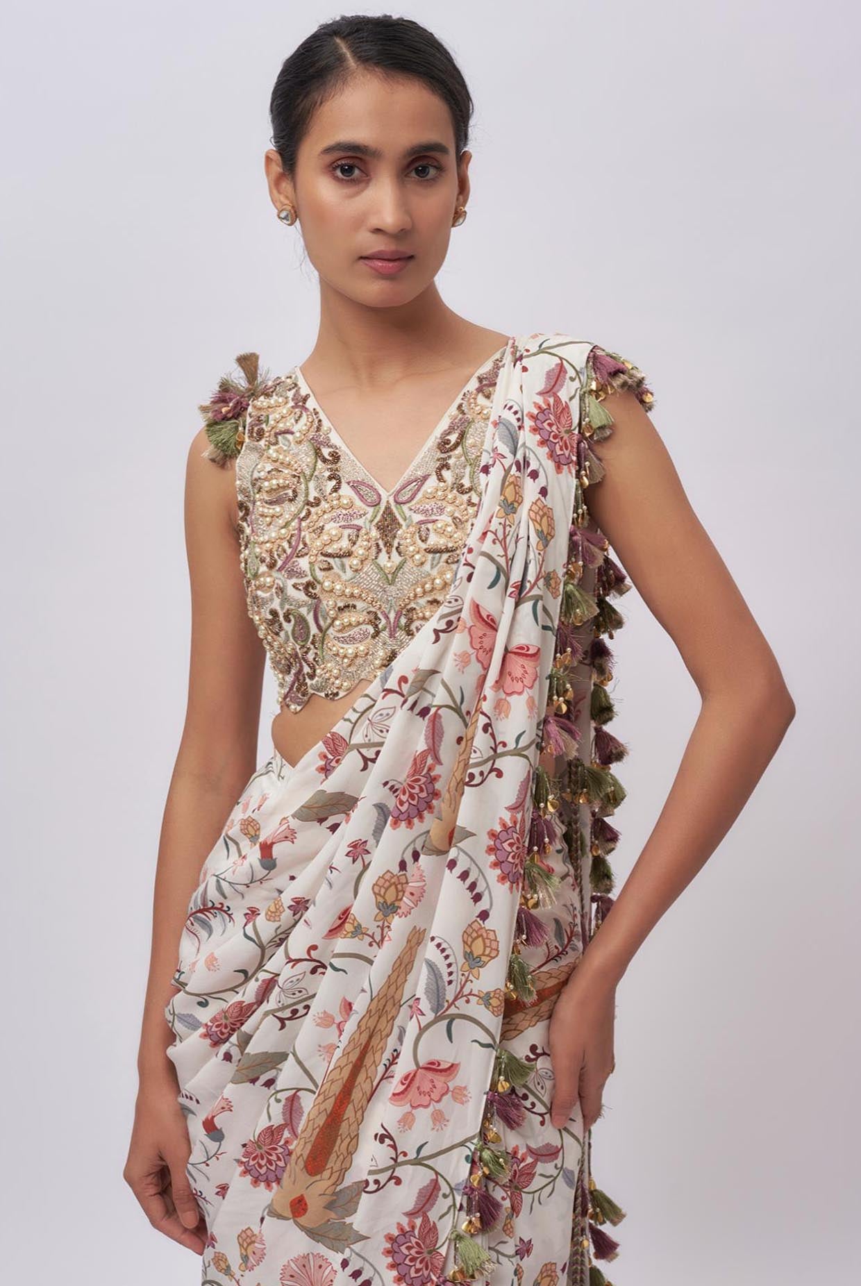 Cream Georgette Embroidered Choli With Cream Ochre Forest Whisper Print Crepe Pre-Stitched Saree.