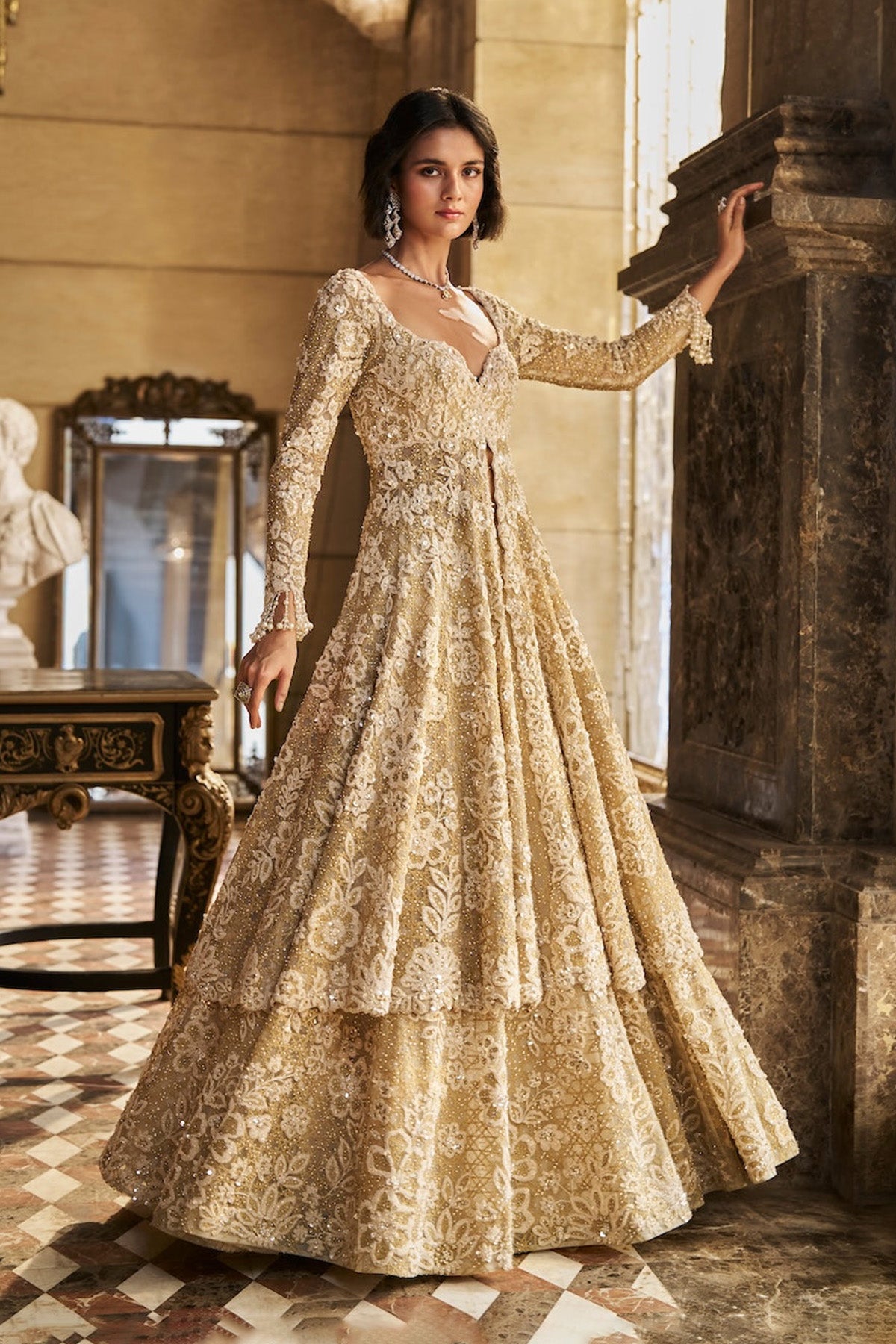 Cream Jacket Lehenga Set