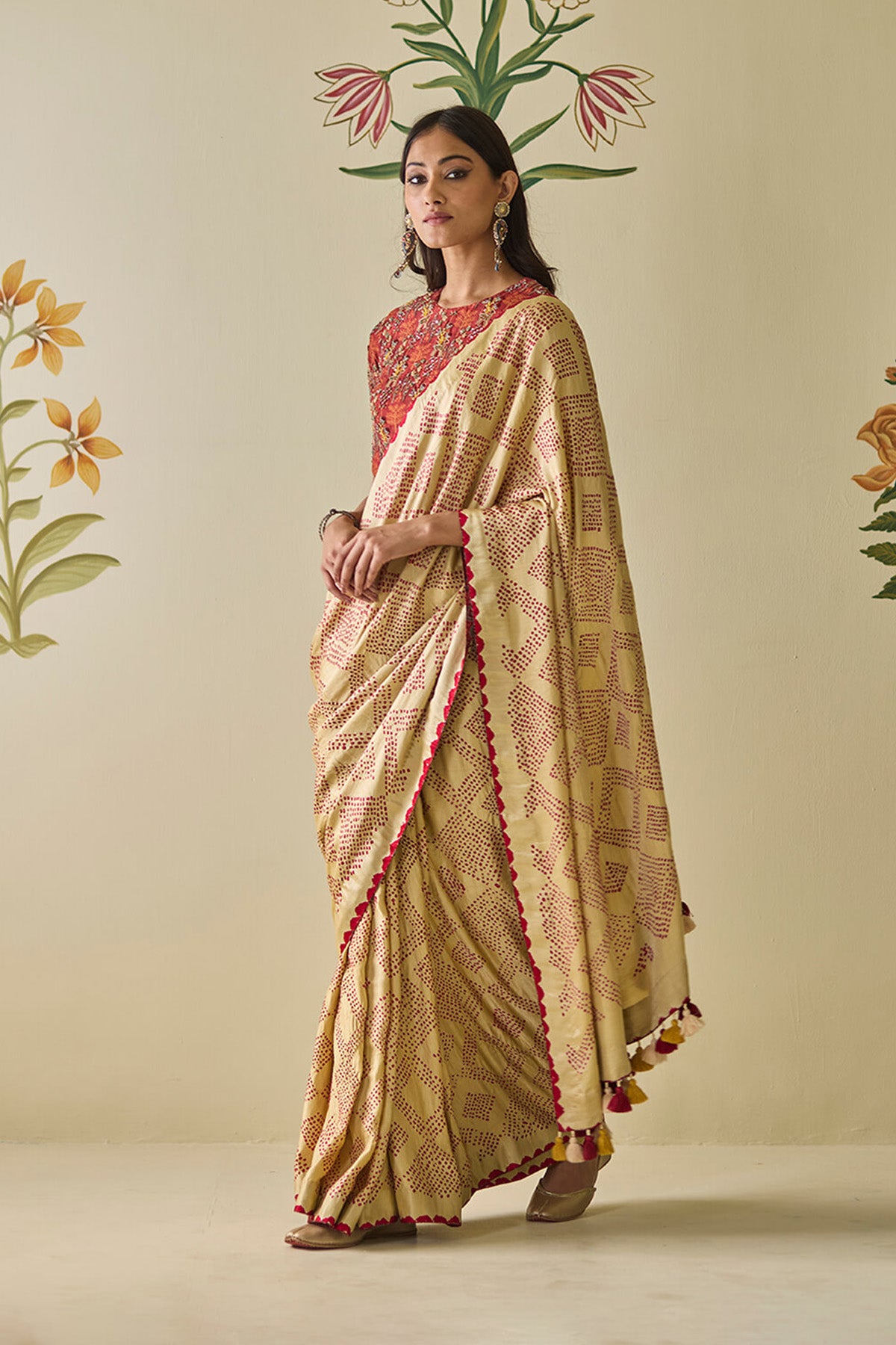 Cream & Red Bandhani Saree