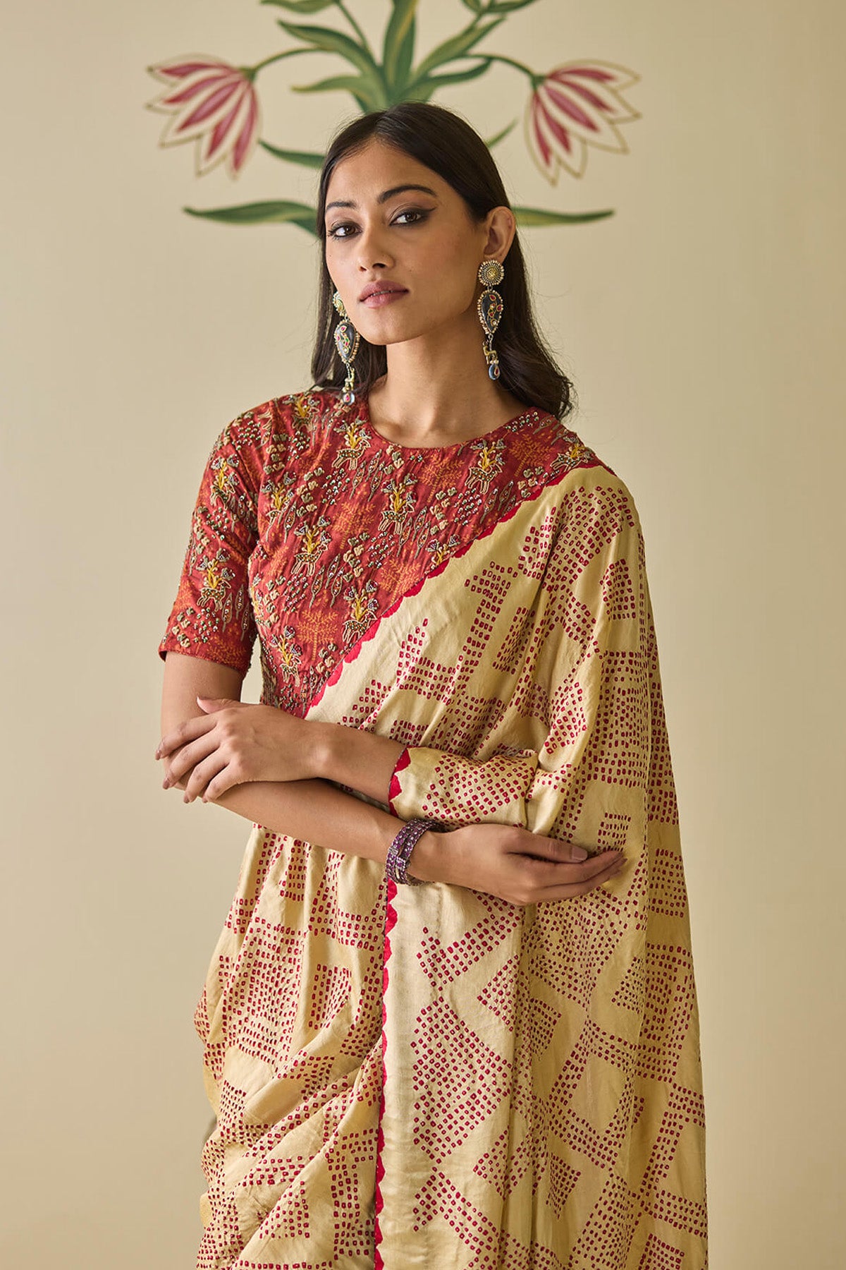 Cream & Red Bandhani Saree