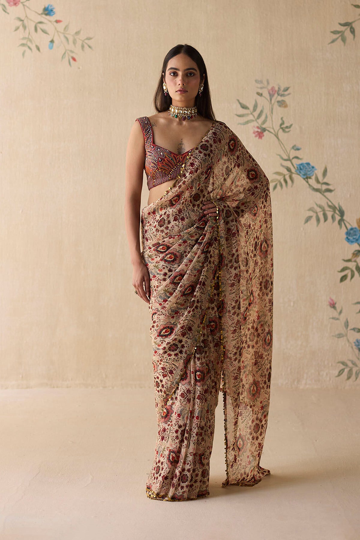 Cream & Red Saree