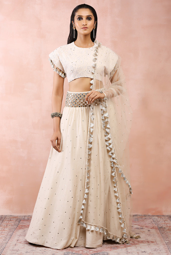 CREAM TOP WITH EMBROIDERED BELT LEHENGA AND DUPATTA